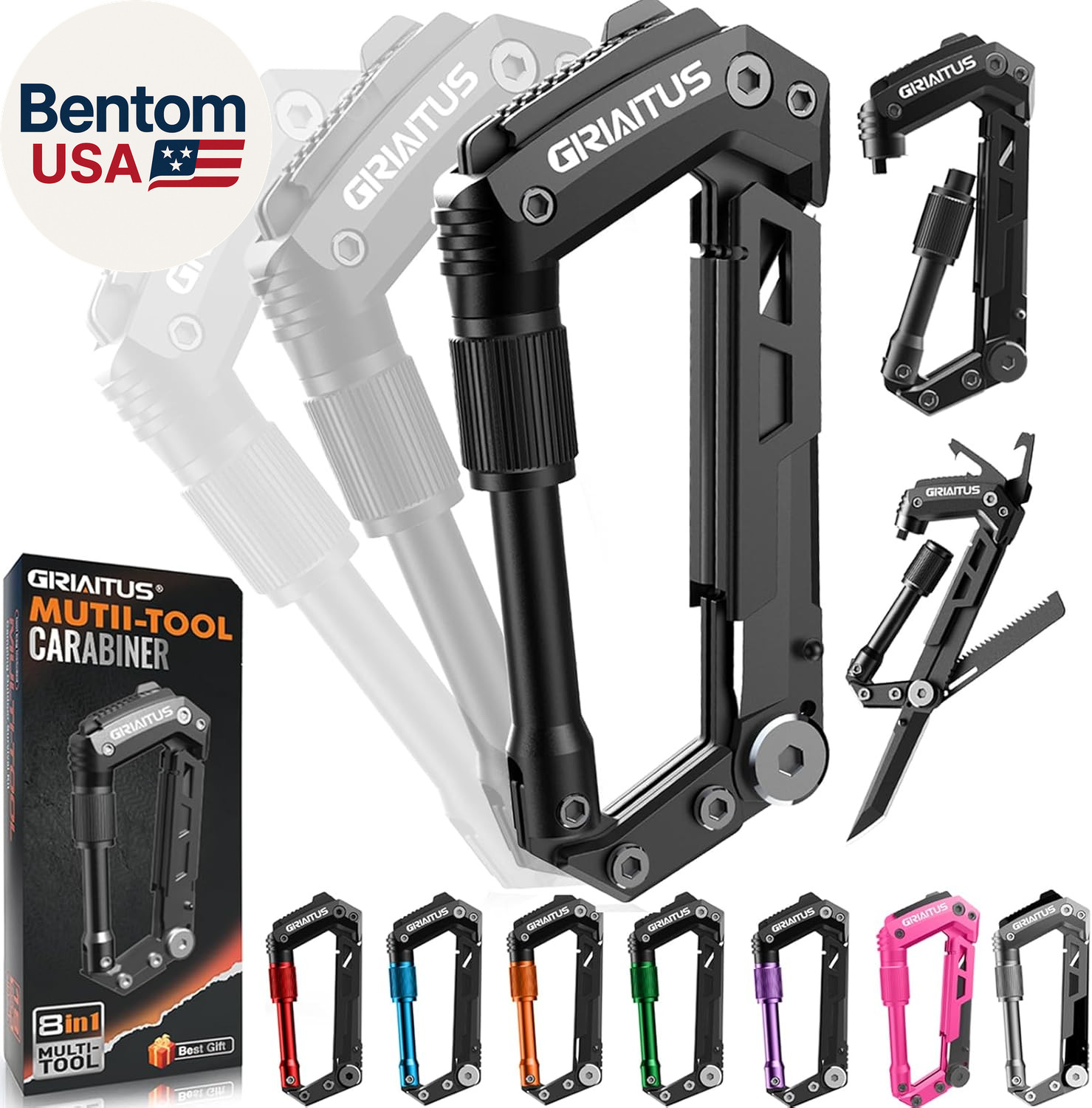 Carabiner Multitool 8-In-1 EDC Carabiners Pocket Knife, Serrated Knife, Rope Cut