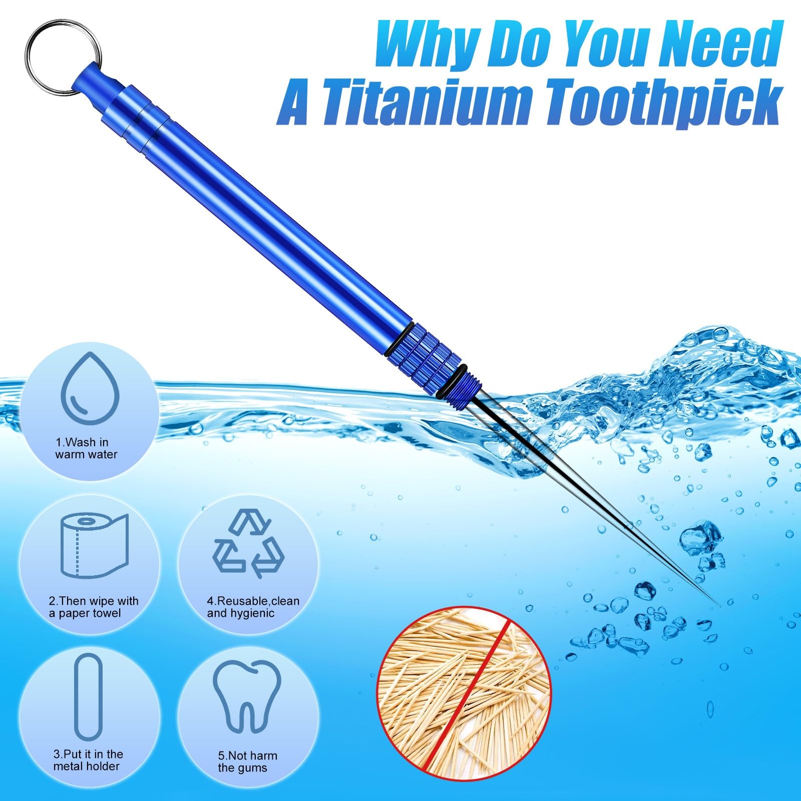 Metal Titanium Toothpicks, 8Pcs Blue Reusable Keychain Telescopic Toothpick with