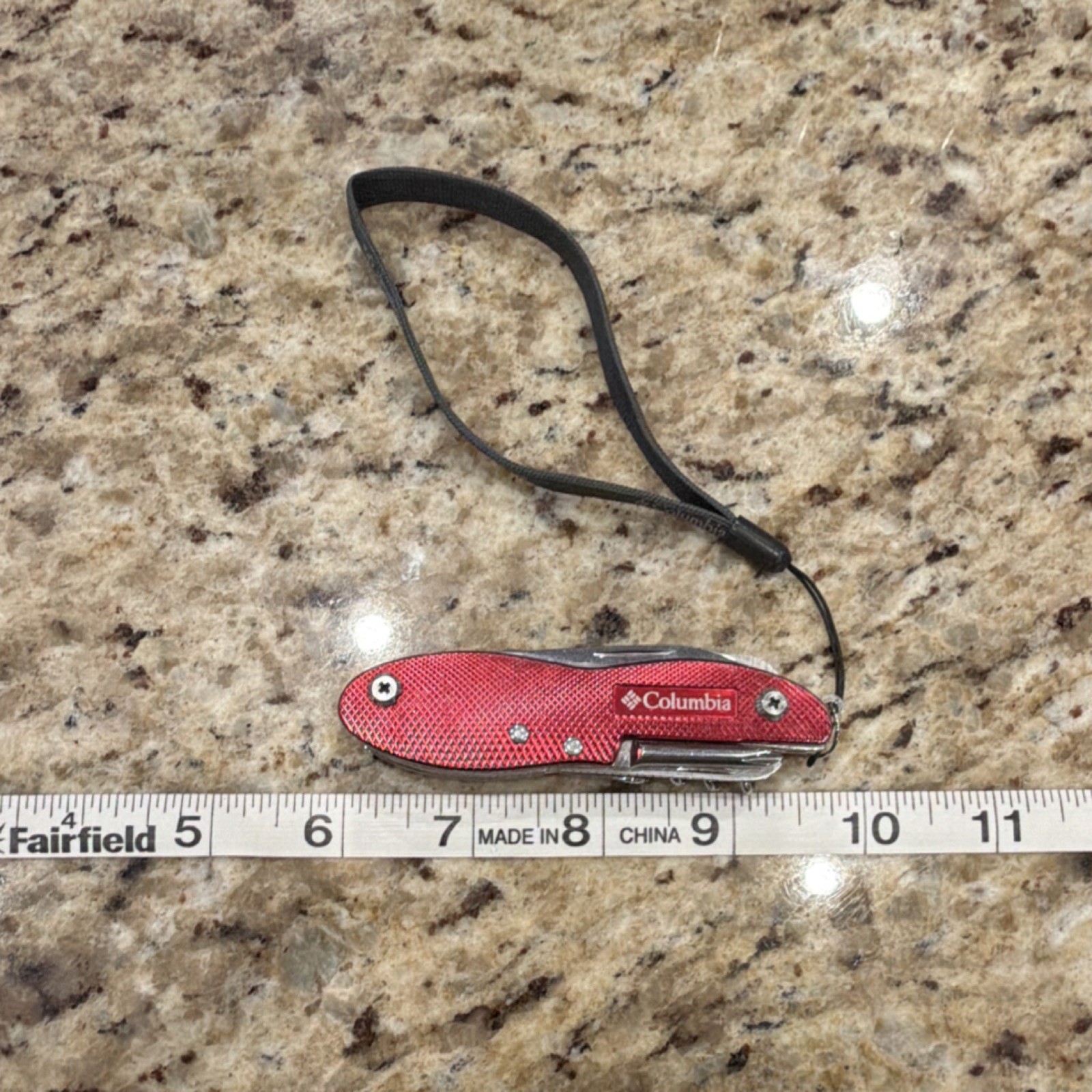 Columbia Multi-Tool Red Stainless Steel Knife Saw Opener Corkscrew Lanyard