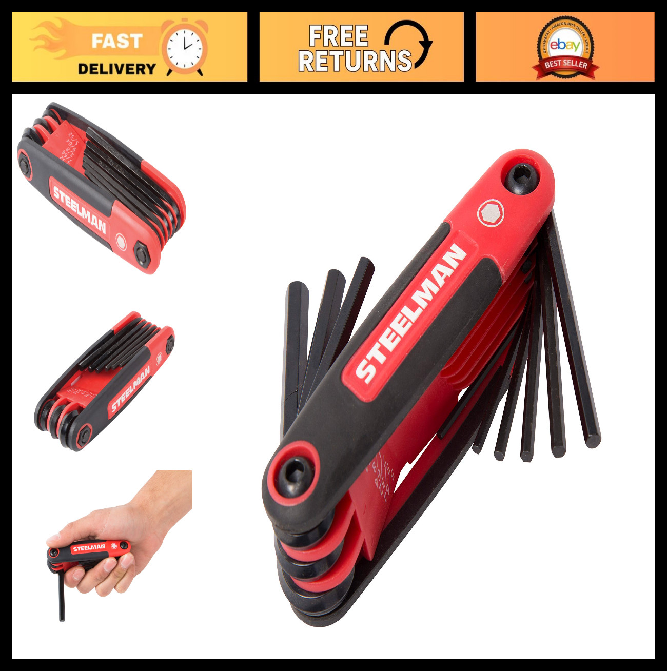 Portable Folding Hex Key Wrench Multi-Tool Set, SAE Sizes 5/64 to 1/4-Inch, Rubb