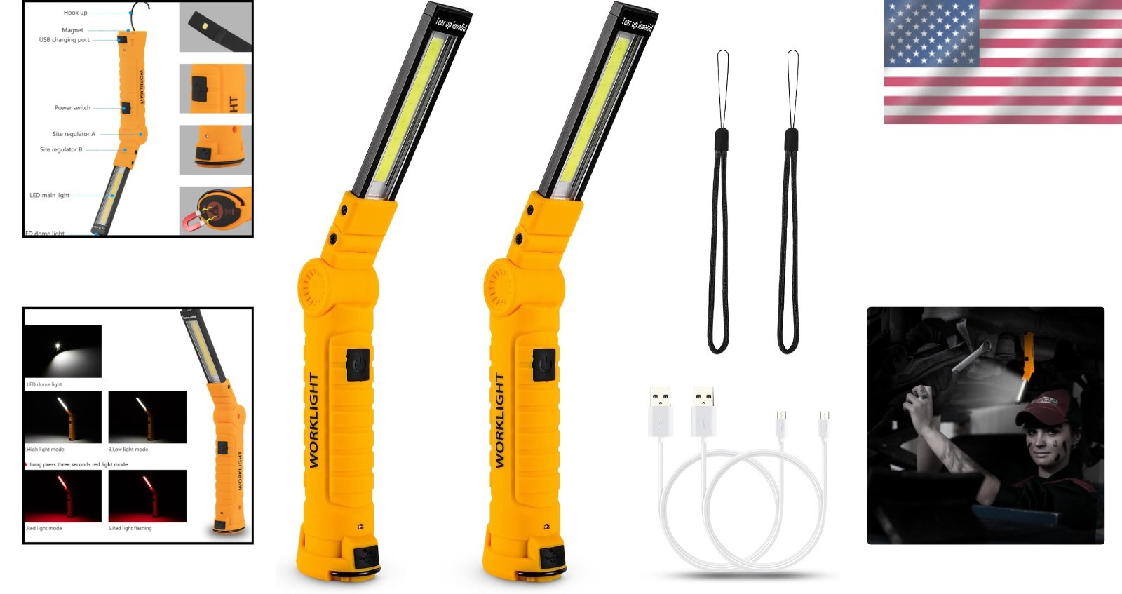 Durable Magnetic LED Work Lights – 2-Pack with 5 Lighting Modes & 360° Rotation