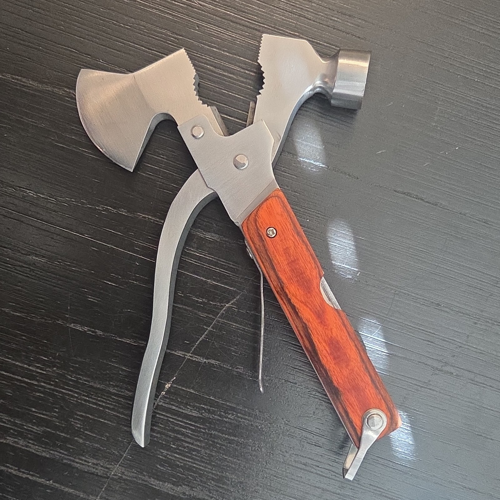 Silver Stainless Steel Multi-Tool Axe Hammer Knife Saw, 7 Tools, Sheath Included