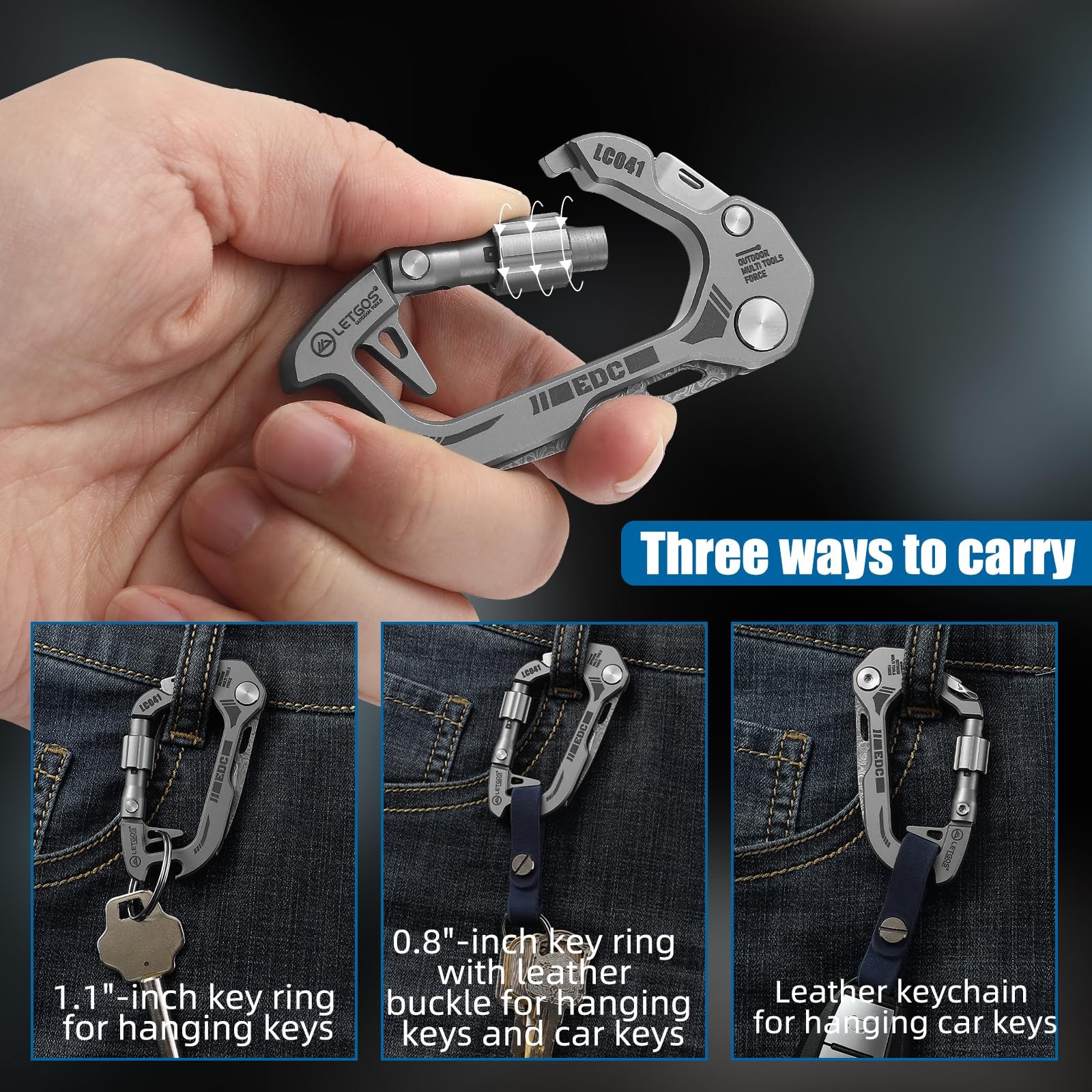Titanium 6-in-1 Multi-Tool Carabiner–EDC Damascus Steel Knife, Bottle Opener,…
