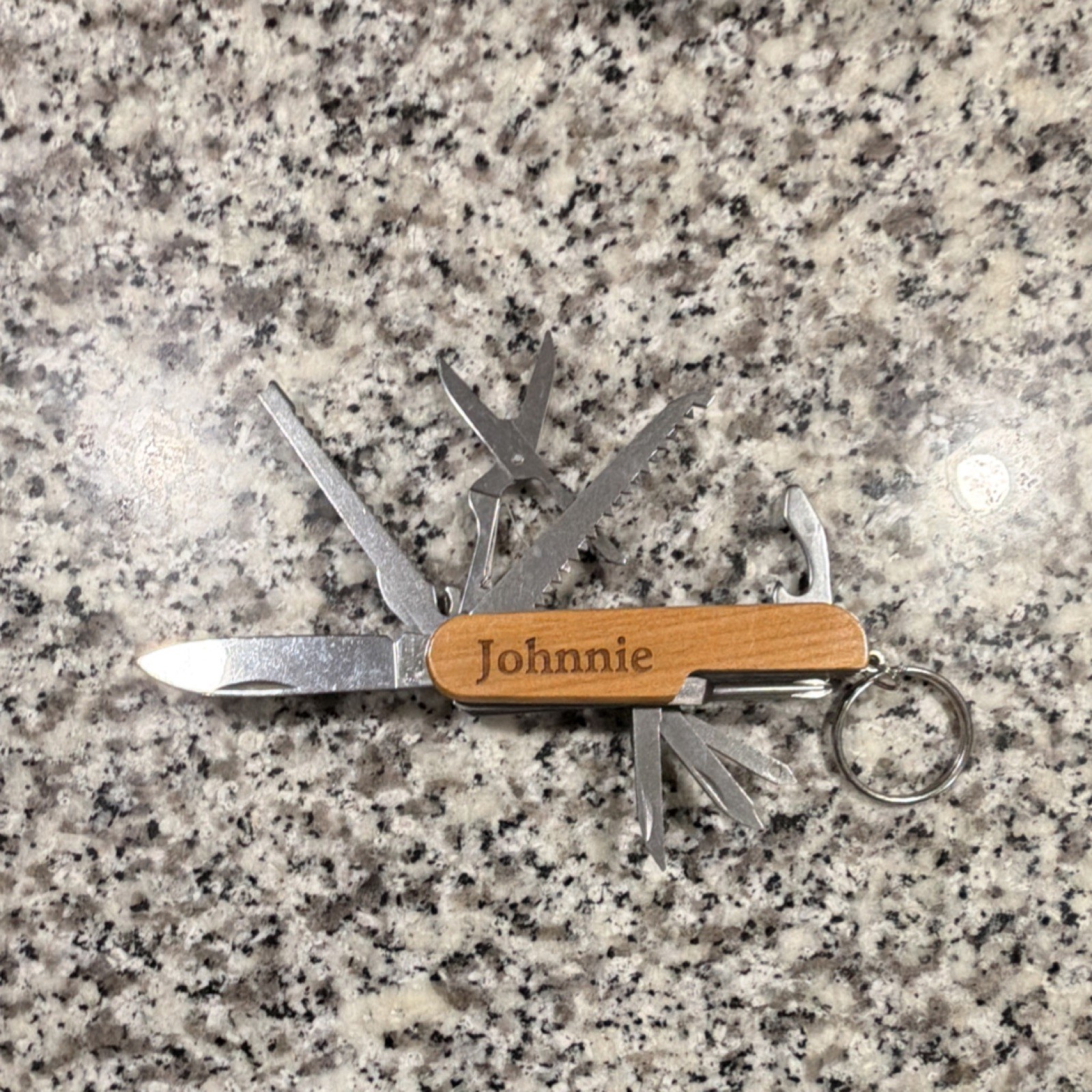 Destin Florida Shark Design Wooden Multi-Tool Keychain, Personalized ‘Johnnie’