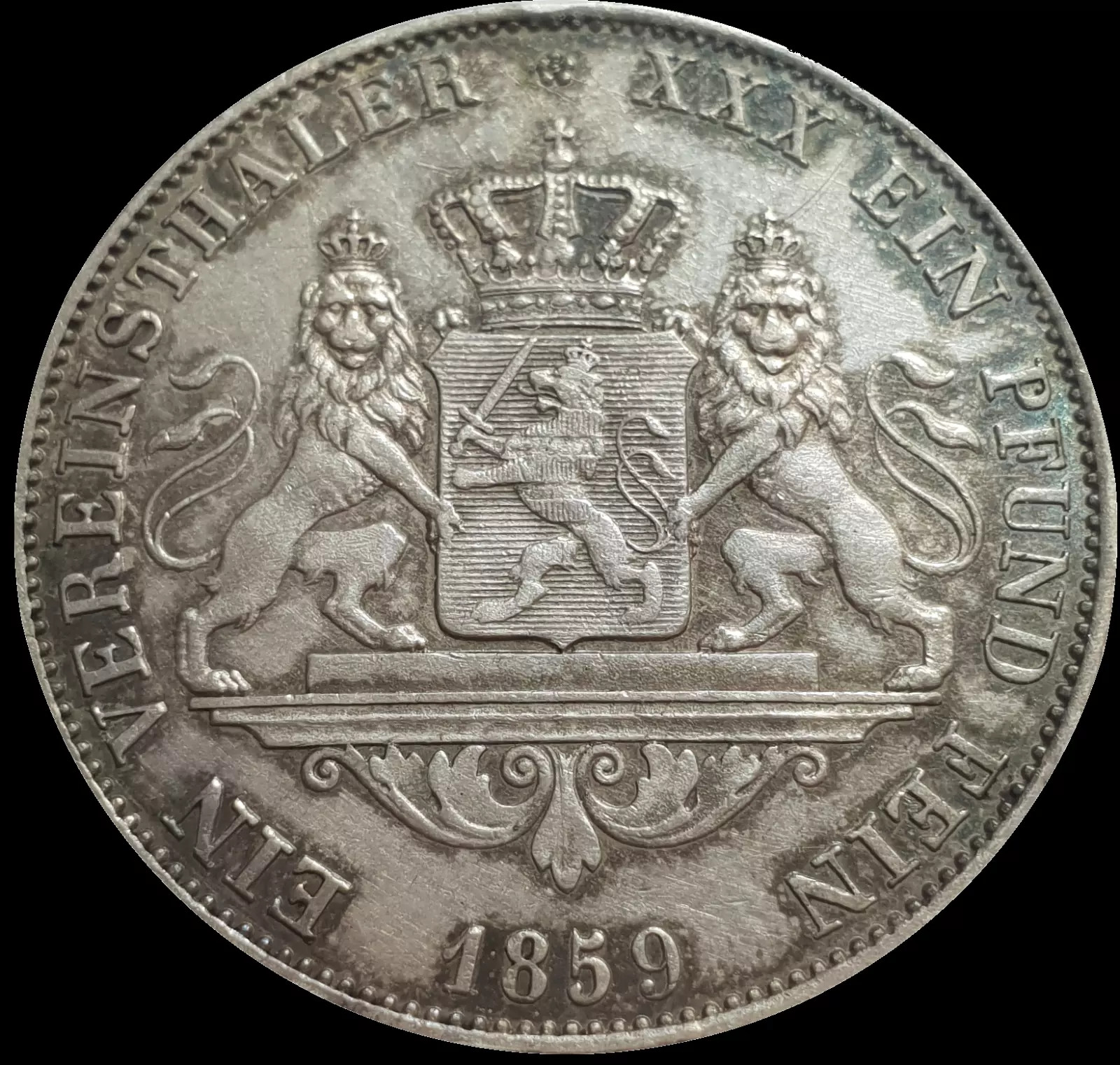 Hesse Darmstadt 1859 Unc Thaler Silver Coin Germany German State Hessen Rare