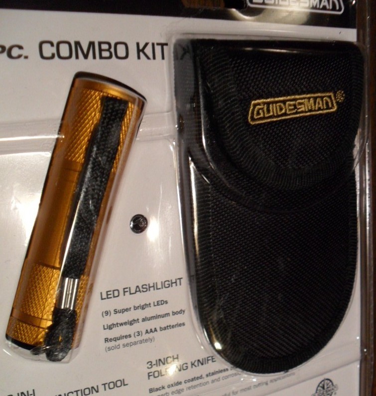 Guidesman 3 pc Combo Kit, Stainless Steel Blade Knife+Flash Light+12-in-One Tool