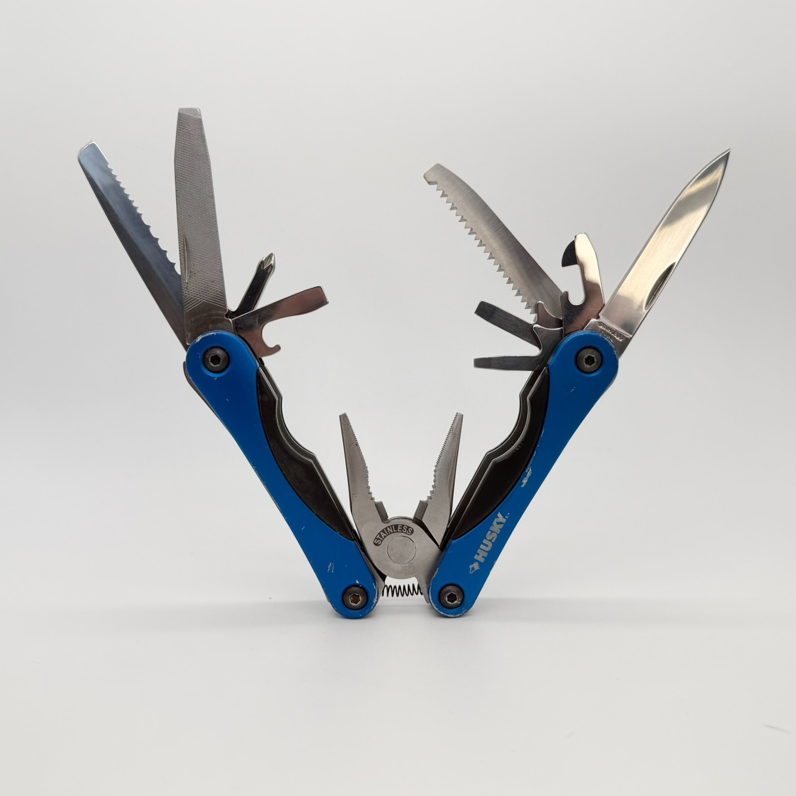 Husky 13-in-1 Tactical Multi-Tool Blue Anodized Aluminum Handle Folding Pliers