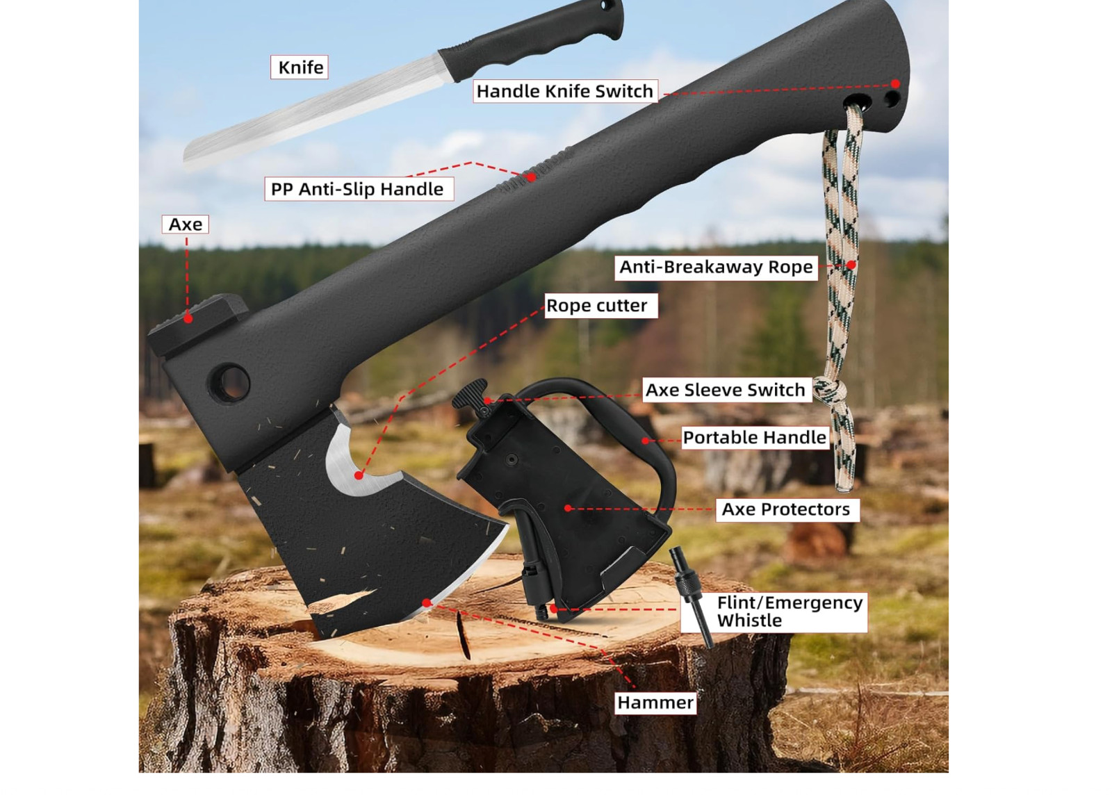 ZKH Camping Survival Axe, 6 in 1 Camping Multitool Hatchet with Hammer Knife Rop