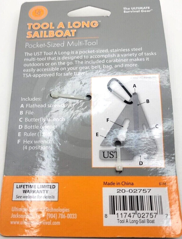 UST A Long Sailboat Multi-Tool with Carabiner (20-02757) Stainless. Ships Free..
