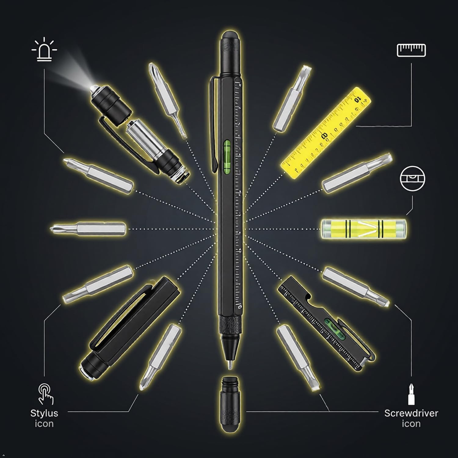Multitool Pen 2 Pack 10-in-1 EDC LED Light Screwdriver Bubble Level Ruler Stylus