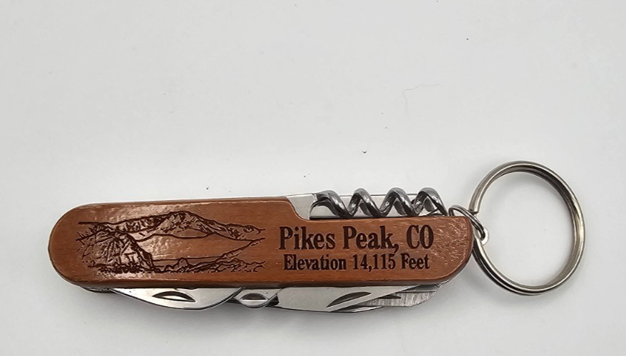 Unmarked Multi Tool Keychain Knife Wood Handle Pikes Peak CO Stainless