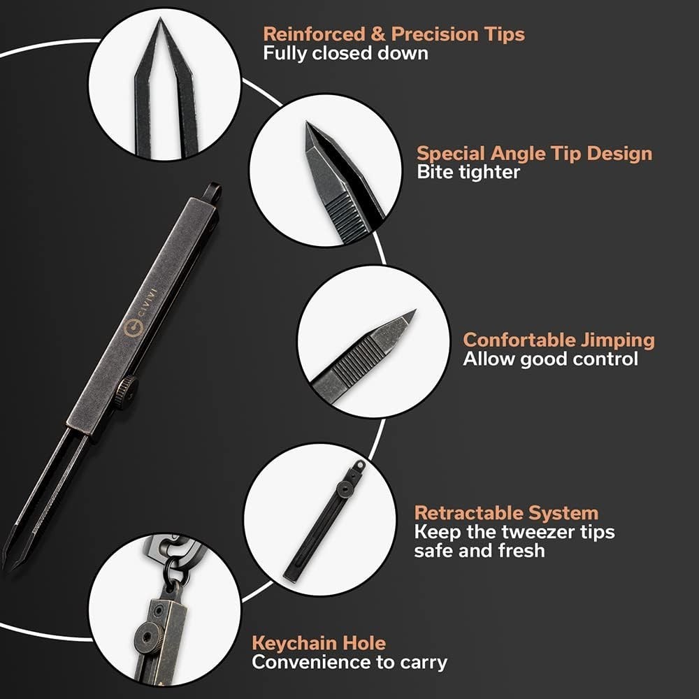 CIVIVI Tac-N-Tweeze Precision EDC Tweezers Retractable Keychain w/ Leather Sheat