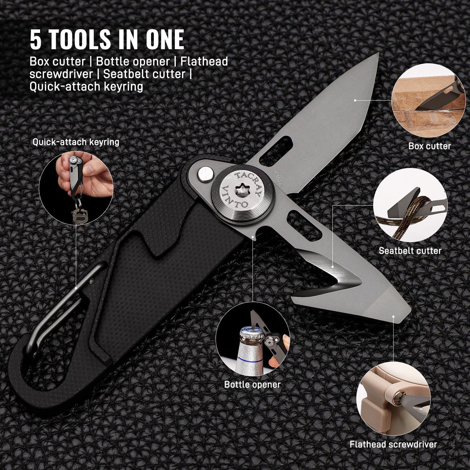 5-in-1 Compact Pocket Knife Multitool – Utility Knife, Seatbelt Cutter, Bottle O
