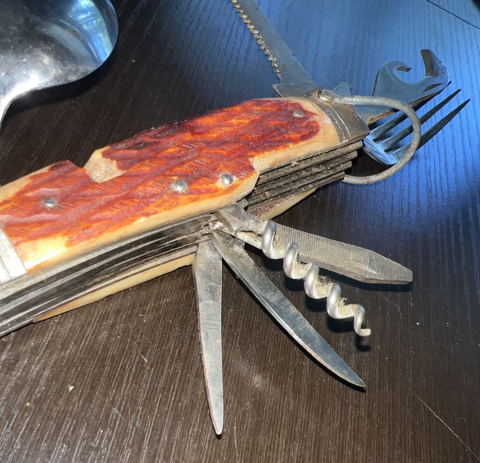 Vintage 11-in-1 Stainless Steel Multi-tool with leather sheath Carved Handle