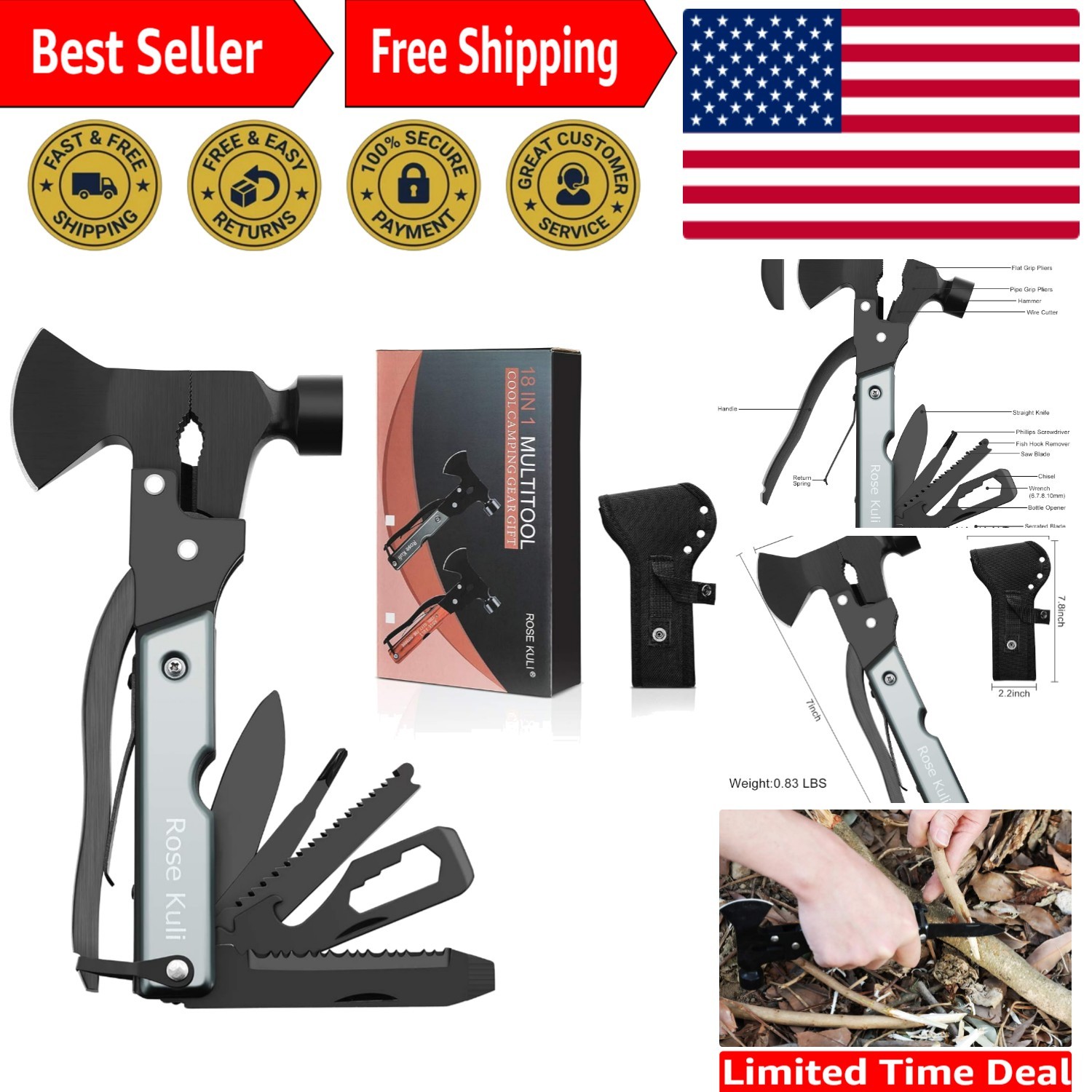 Compact 18-in-1 Multitool Hatchet with Knife and Hammer – Perfect Gift for Dads