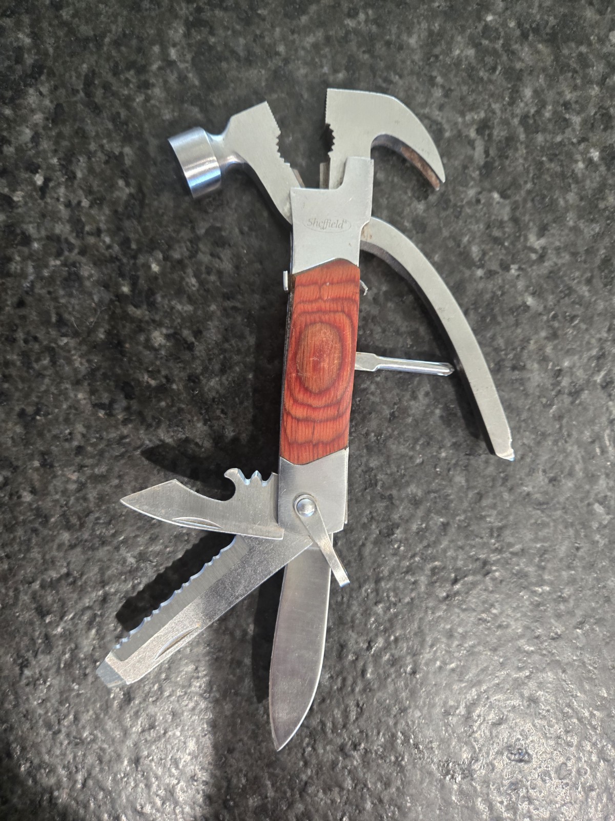 Sheffield 12913 The Hammer 14-In-1 Multi Tool Stainless Steel & Hardwood Handle