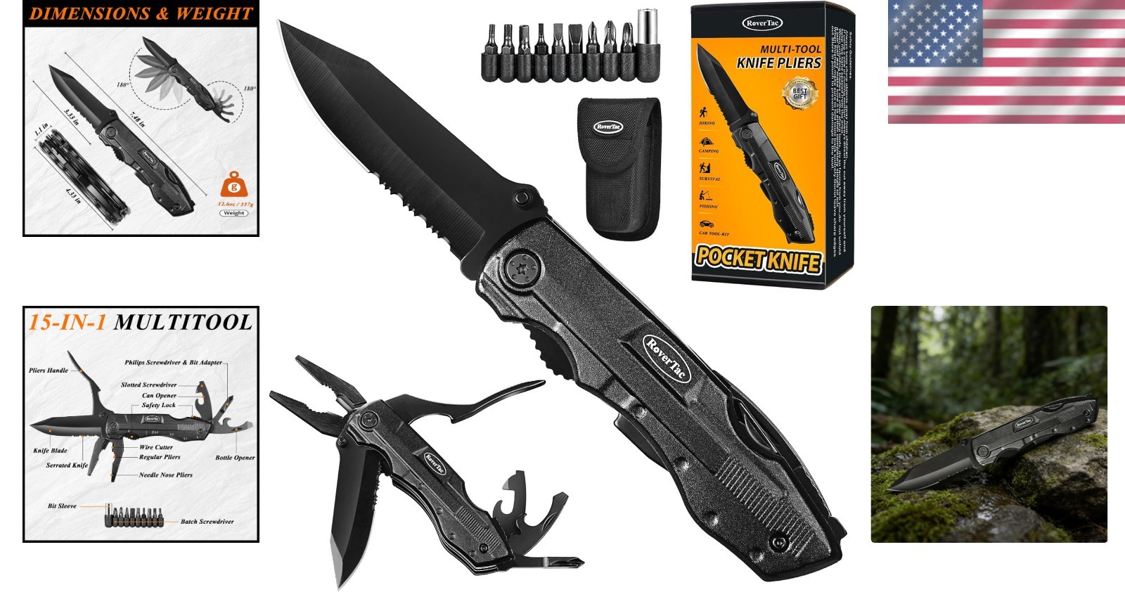 Pocket Knife, 15-in-1 Multitool with Pliers, Bottle & Can Opener, 9 Screwdriv…