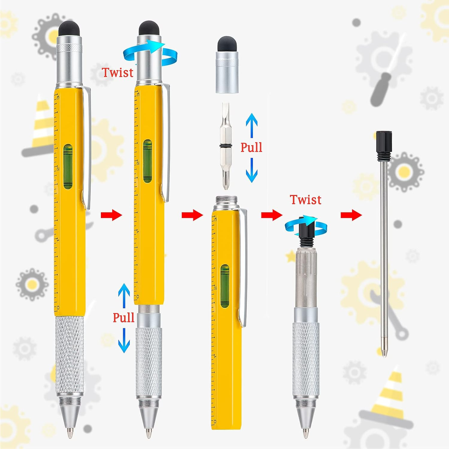 4 Pack Multitool Pen with Extra Refills Set, 6 in 1 Multitool Pen with Ruler & L