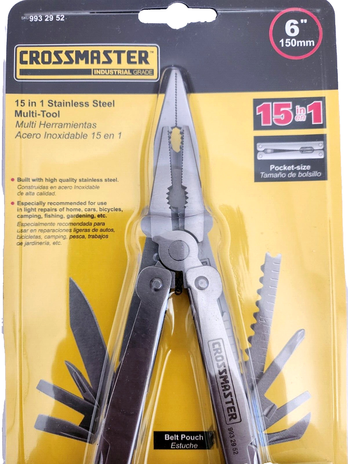 New 6” Crossmaster 15-in-1 Stainless Steel Multi-Tool with Black Belt Pouch