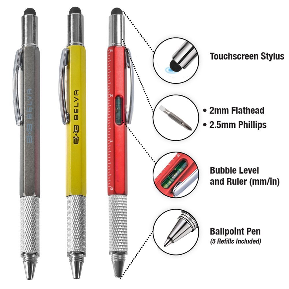 BAPEN3PK 6 in 1 Multifunction Tool Pen with 5 Refills – 3 Pack Gray Yellow Red