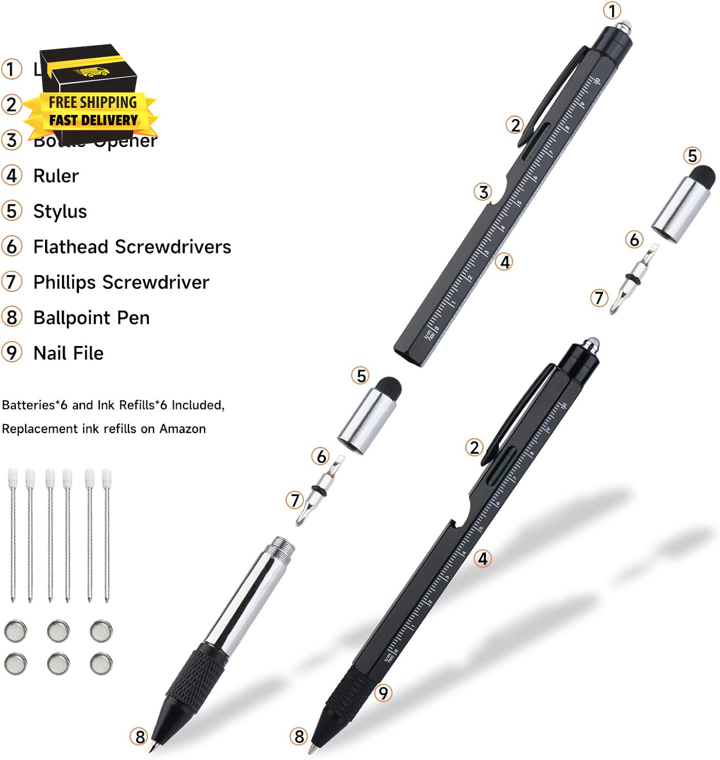 Christmas- Multitool Pen with LED Light, Flathead, Phillips Screwdrivers, Level,