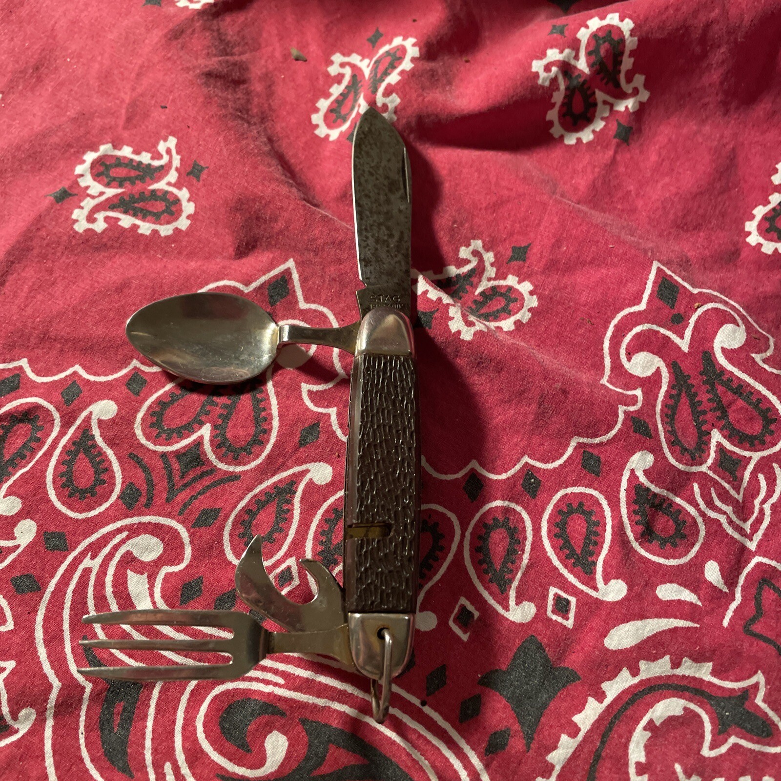 Vintage STAG Ireland Camping Knife Fork Spoon Multi-Tool Pocket Knife