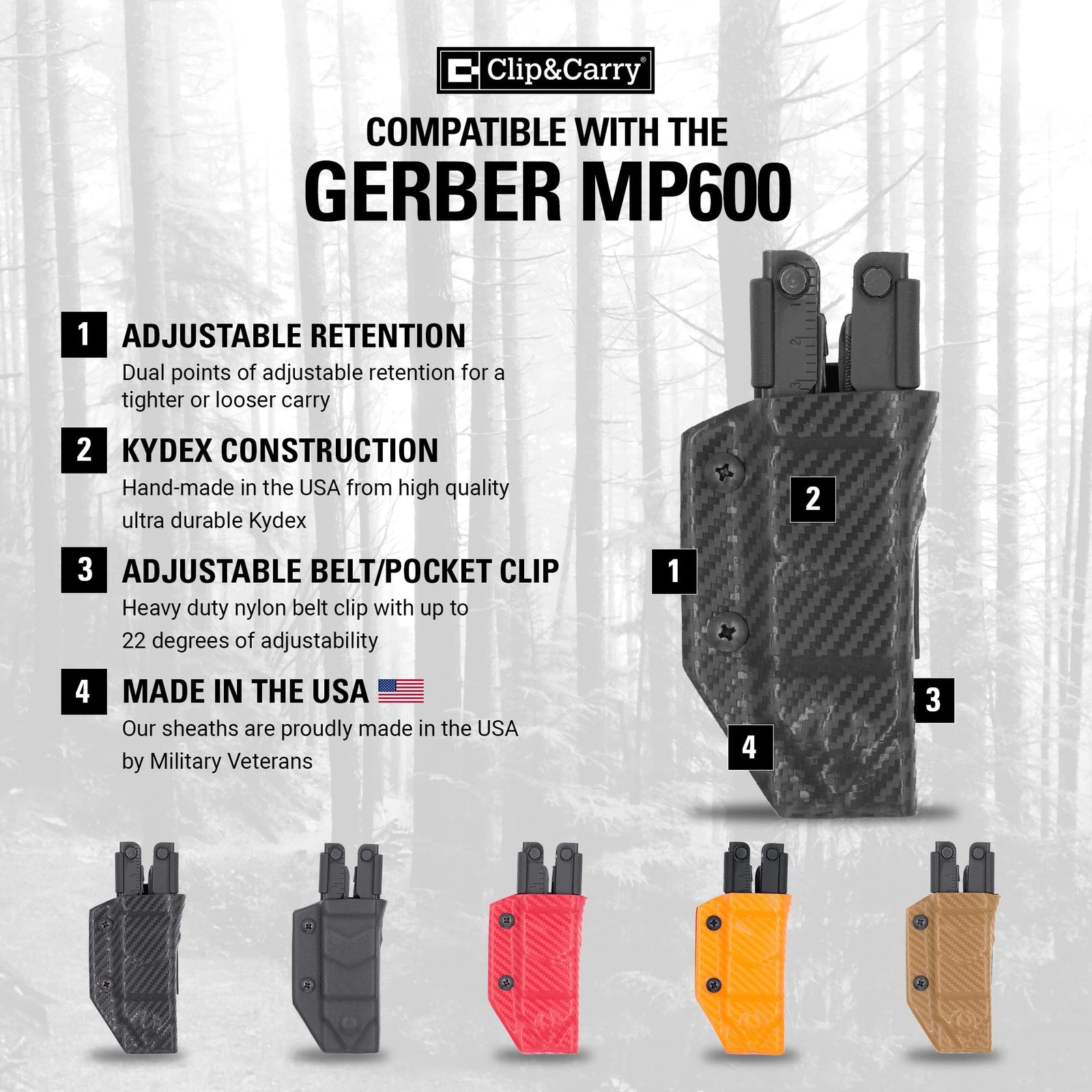 Clip & Carry Kydex Multitool Sheath for Gerber MP600 ~Fits bluntnose & needle…