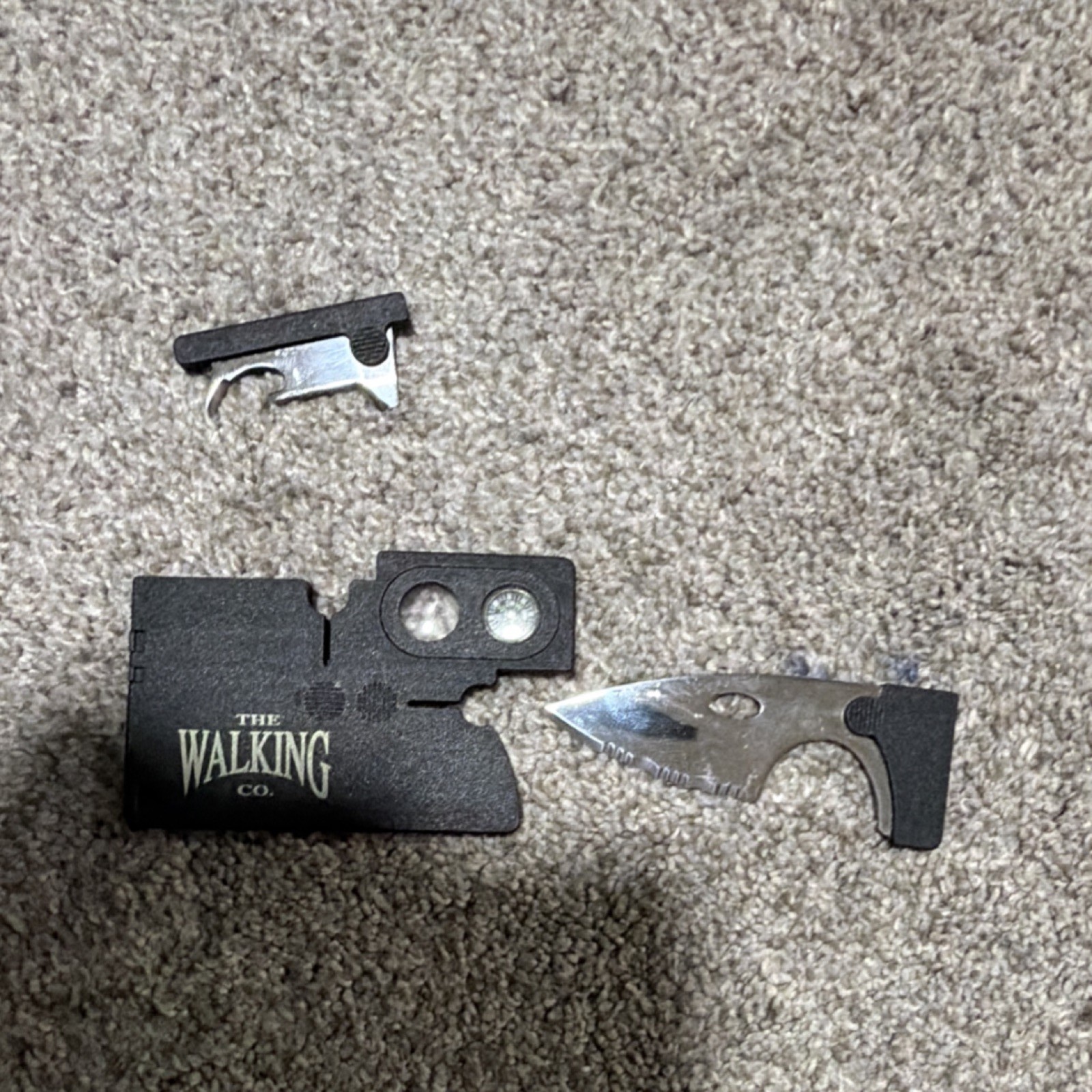 The Walking Co. Multi-Tool Card Knife Bottle Opener Compass Black Silver Compact