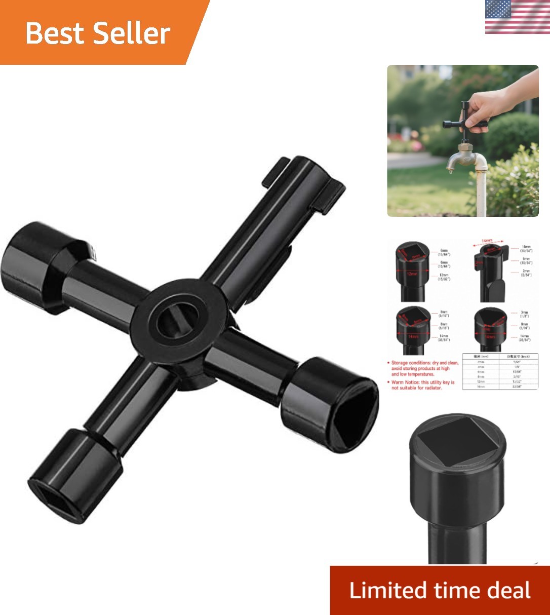 Compact 4-Way Water Key – Essential Zinc Alloy Tool for Utility Panels