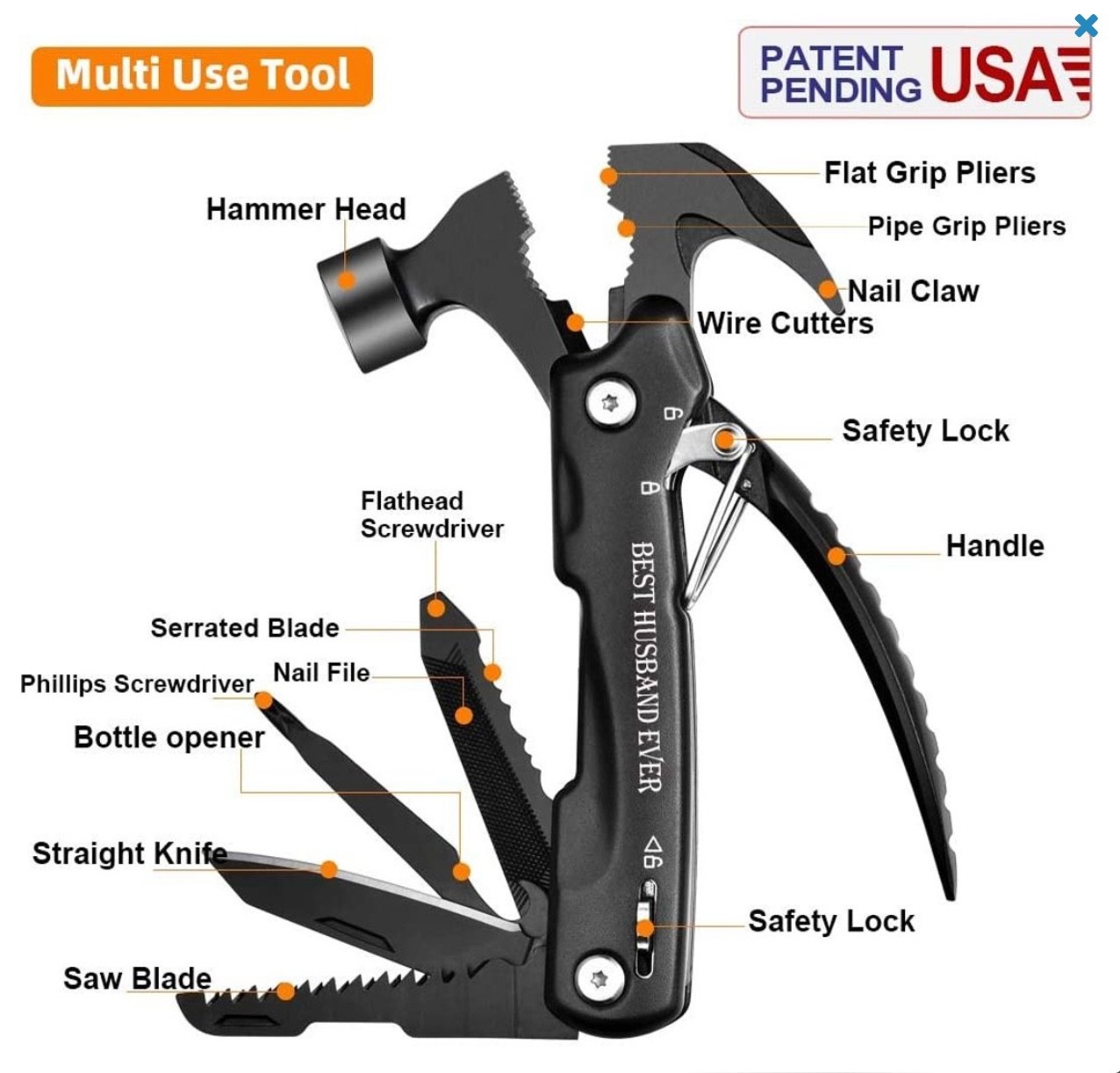 14-in-1 Multi Tool Hammer Pliers S/Steel Survival Pocket Tool Gift for Dad/Husba