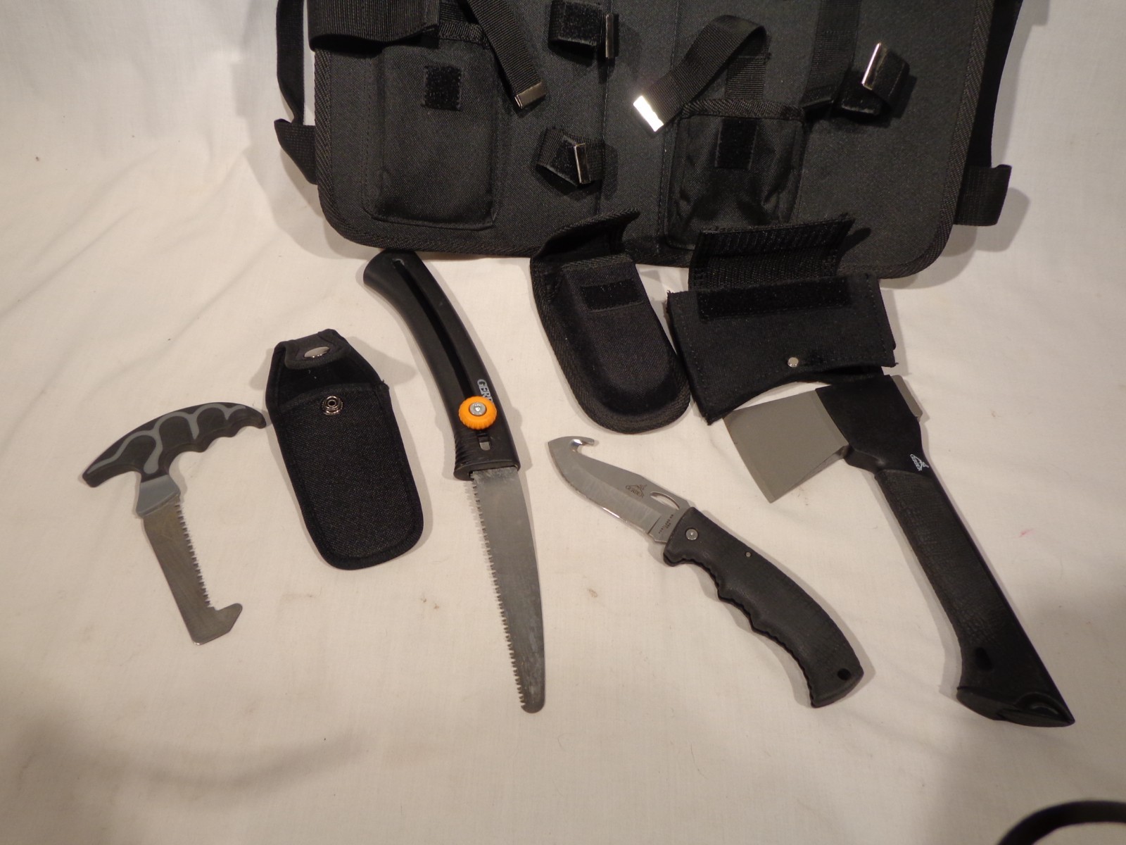 Vtg. Gerber “Camp and Field Set”, Axe, Saw, Game Saw, Lock Back USA Knife, Cases