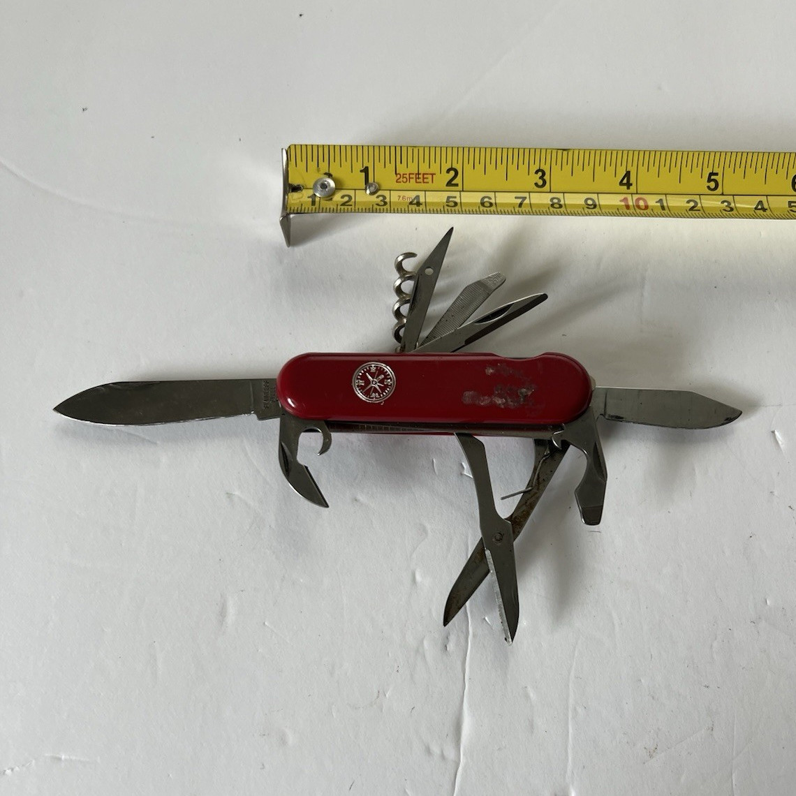 Red Multi-Tool Pocket Knife, Stainless Straight Edge Blade, 8 Tools Scissors