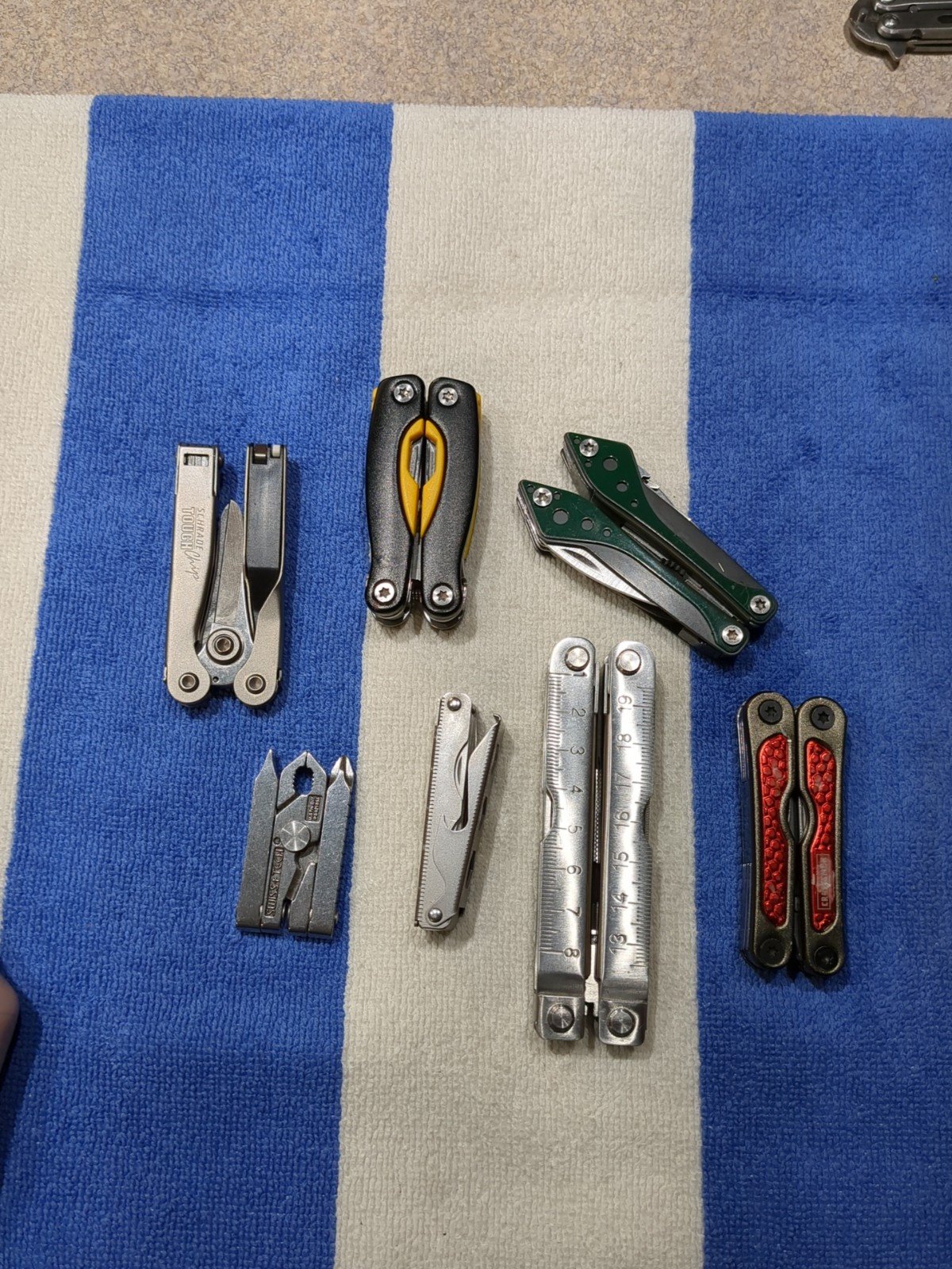 Lot Of 7 Multi tool Schrade, Kutzmaster, Swisstech, Cabelas, Stanley, Craftsman
