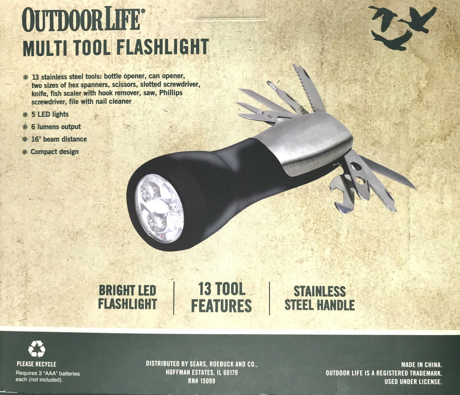 New Outdoor Life 13-Multi Tool / LED Flashlight Stainless Steel Handle