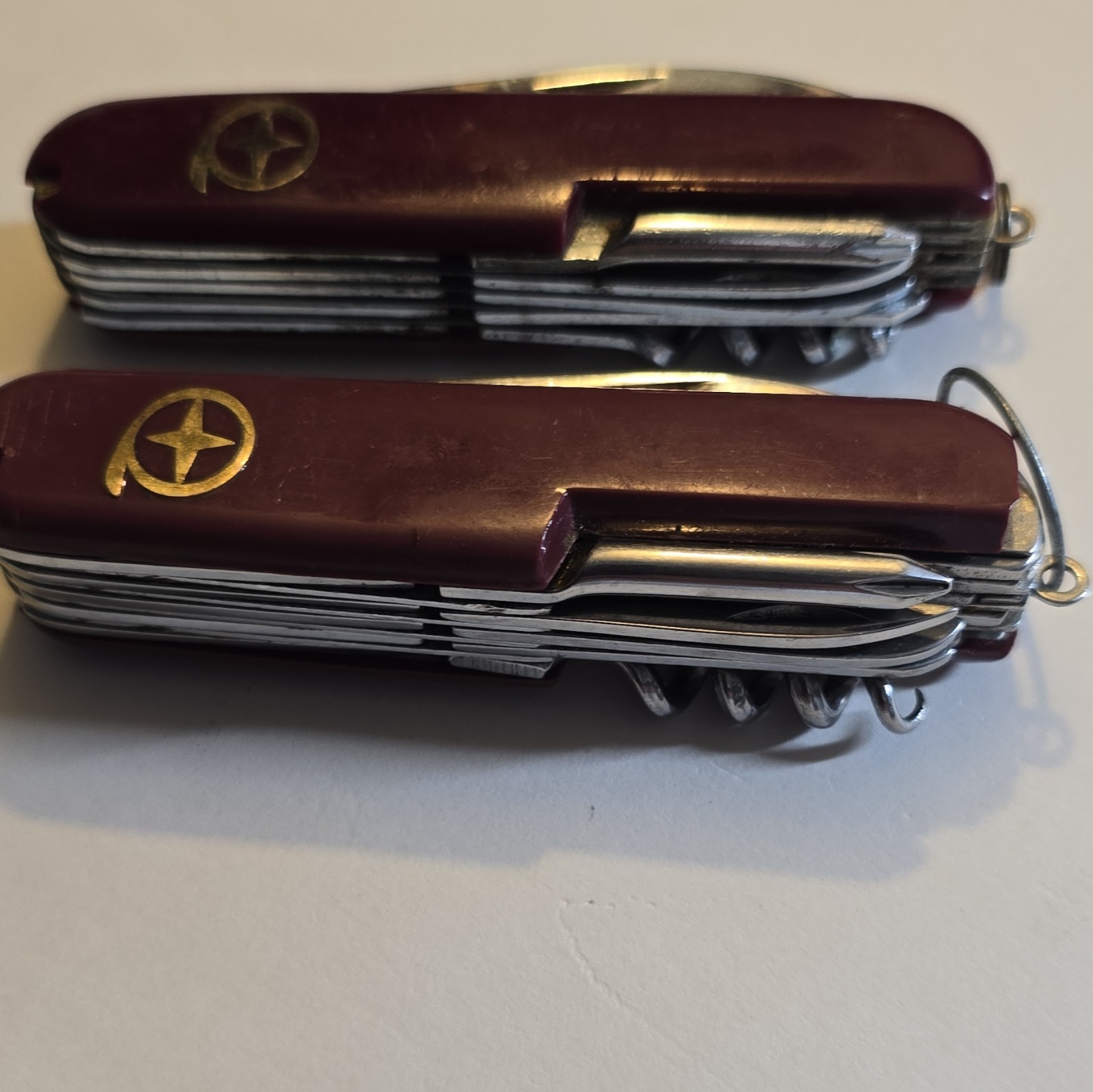 Lot of 2 Brown Swiss Army Style 12-Tool Pocket Multi-Tools w/ Key Ring Vintage
