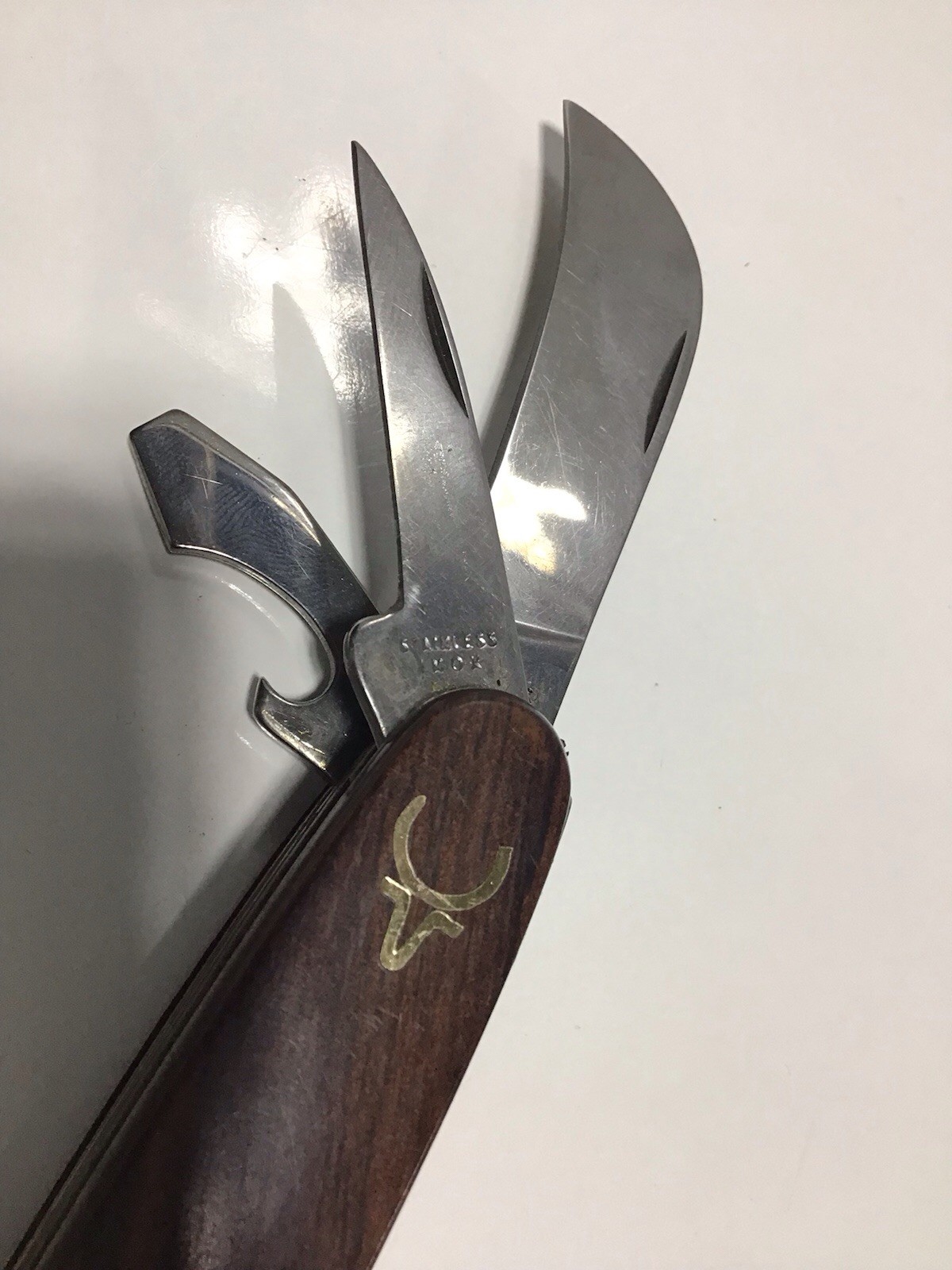 Vintage Browning Japan Multi Tool Pocket Knife Wood Handle Corkscrew