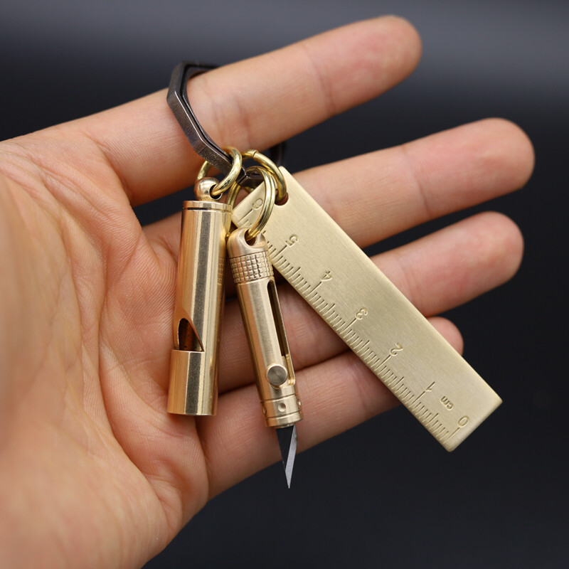 New Brass Outdoor Titanium Alloy Multi Pendant Mini Tool Whistle Ear Spoon Ruler