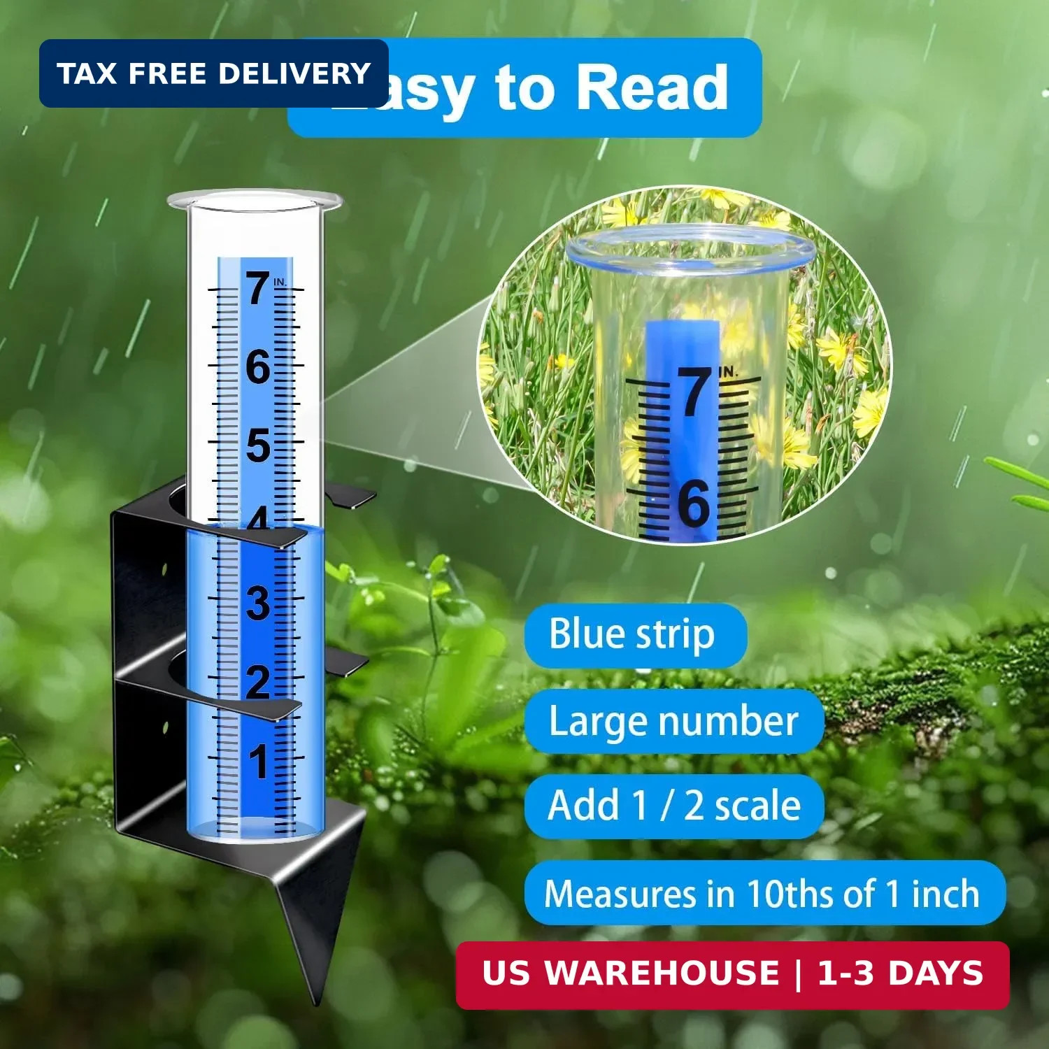 Outdoor Rain Gauge 7 Inch with Black Stainless Steel Bracket, Freeze-Proof Clear