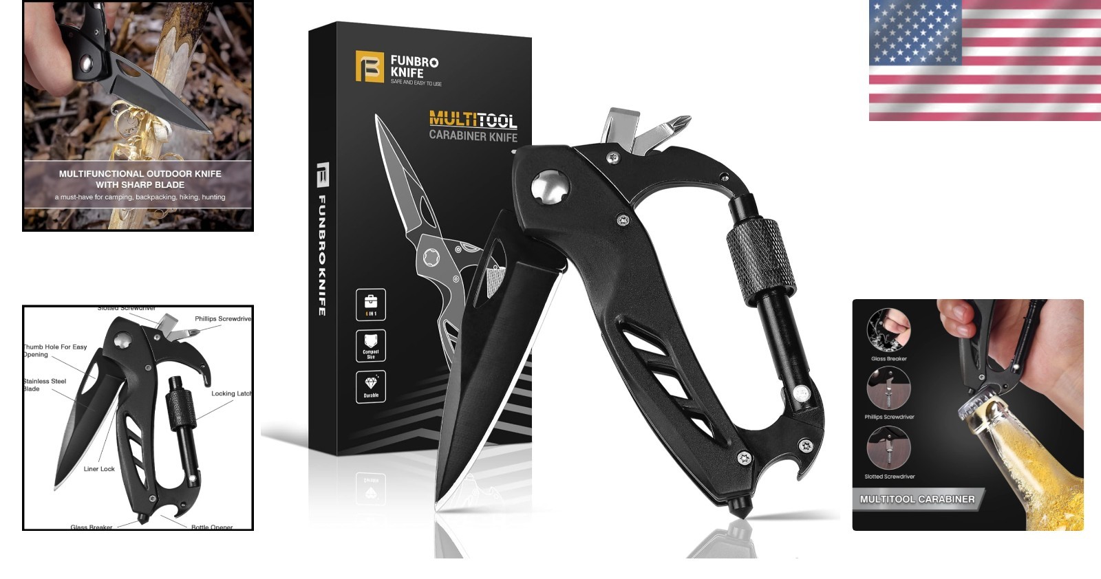 6-in-1 EDC Carabiner Multitool with Pocket Knife & Bottle Opener – Compact Black