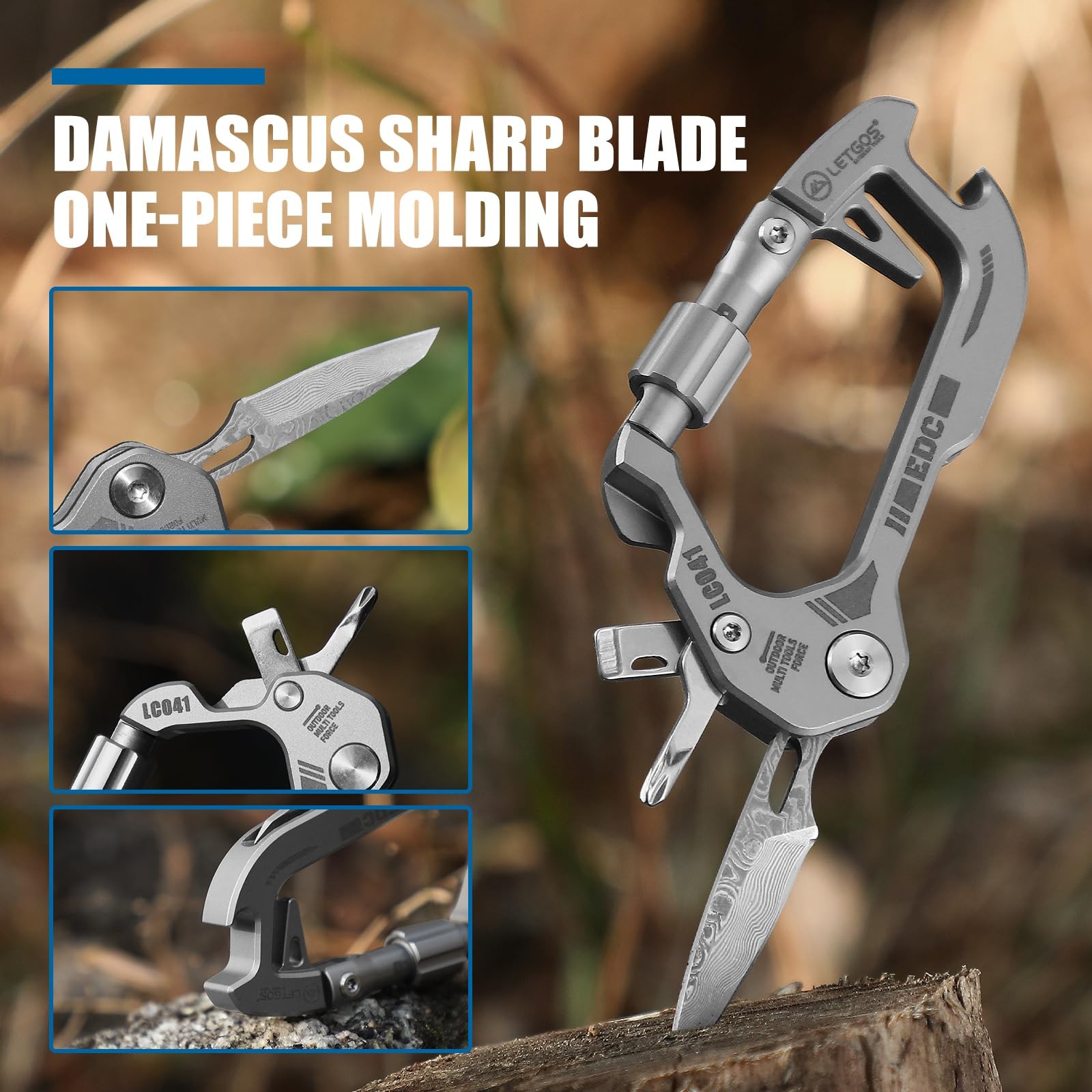 Titanium 6-in-1 Multi-Tool Carabiner–EDC Damascus Steel Knife, Bottle Opener,…