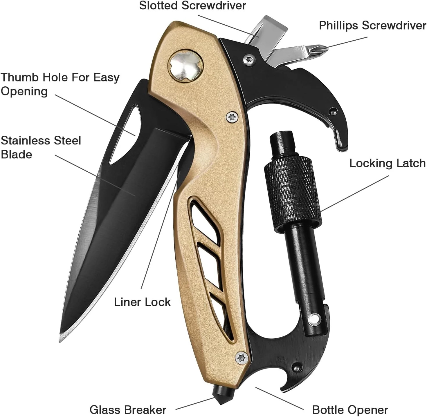 Multitool Carabiner with Pocket Knife, EDC Carabiners with Folding Knives,(Gold)