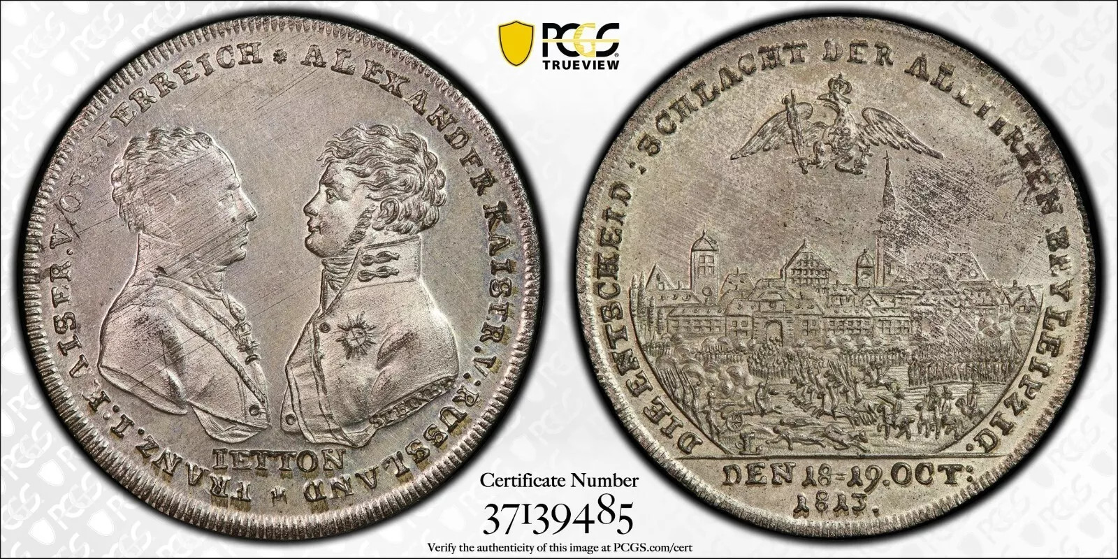 Saxony Russia NGC 1813 MS 64 City View Medal Battle of Leipzig Jeton Very Rare