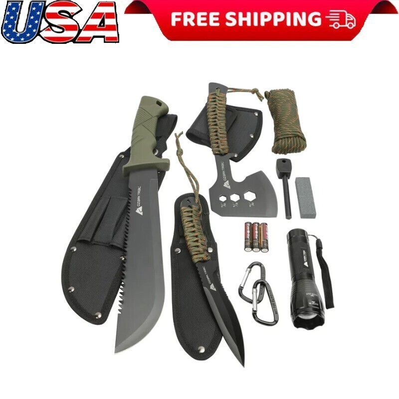 12 Pack Camping Tool Set with LED Aluminum Focusing Flashlight 10″ Machete Knife