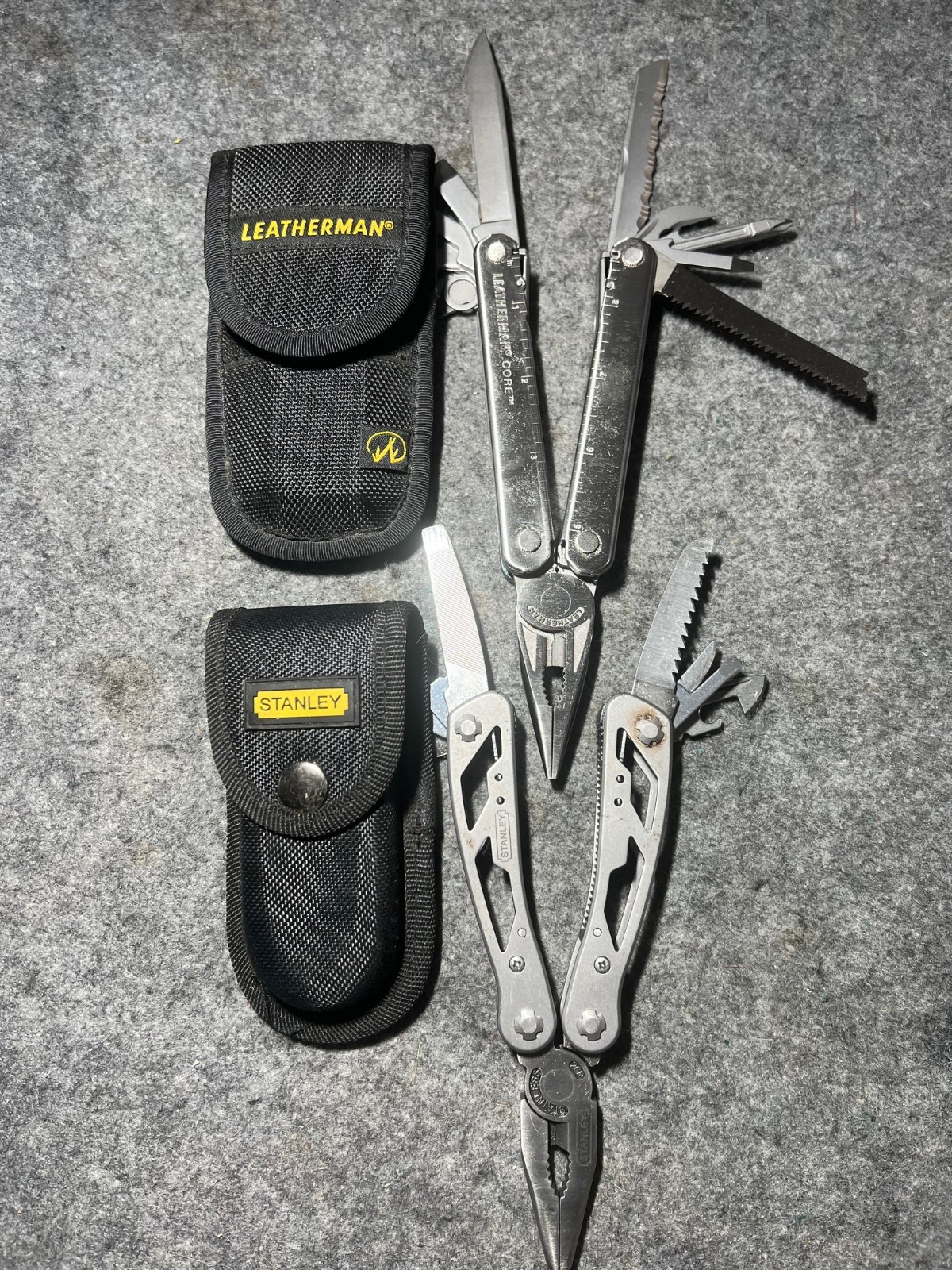 Lot of Two Multi Tool Pliers Stanley, Leatherman with Cases