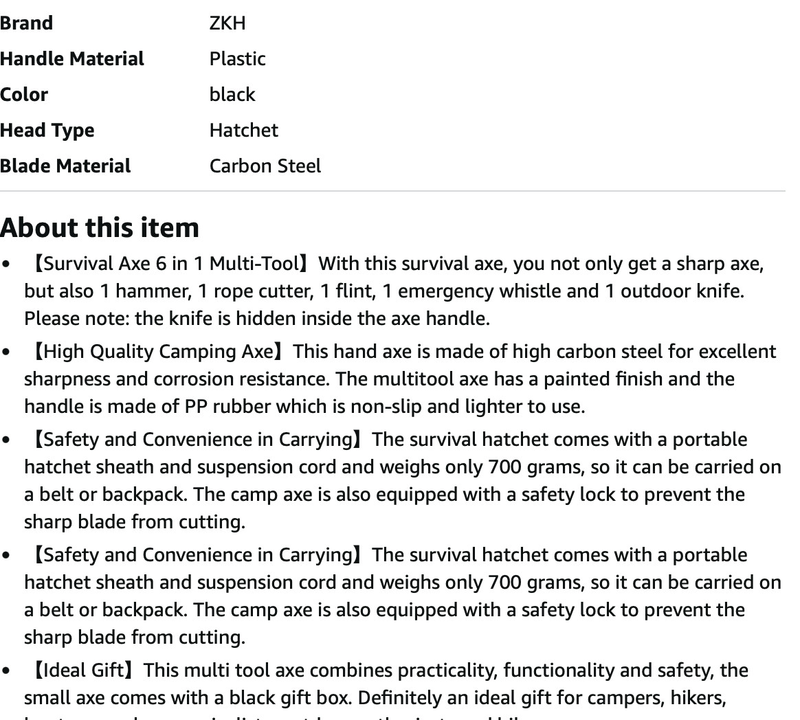 ZKH Camping Survival Axe, 6 in 1 Camping Multitool Hatchet with Hammer Knife Rop