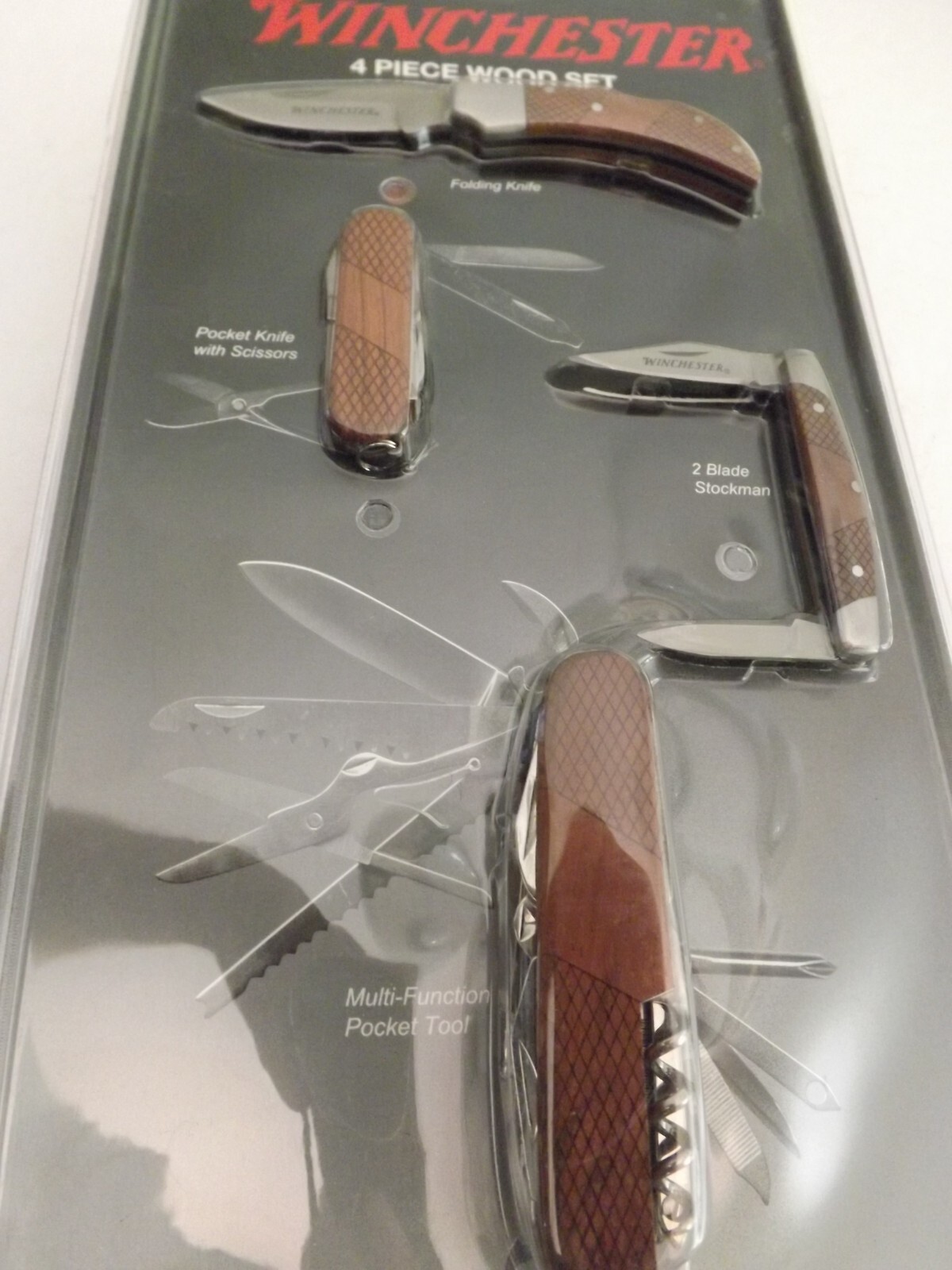 Genuine Winchester 4 Piece Wood Pocket Knife / Scissors / Multi Tool Set **NEW**