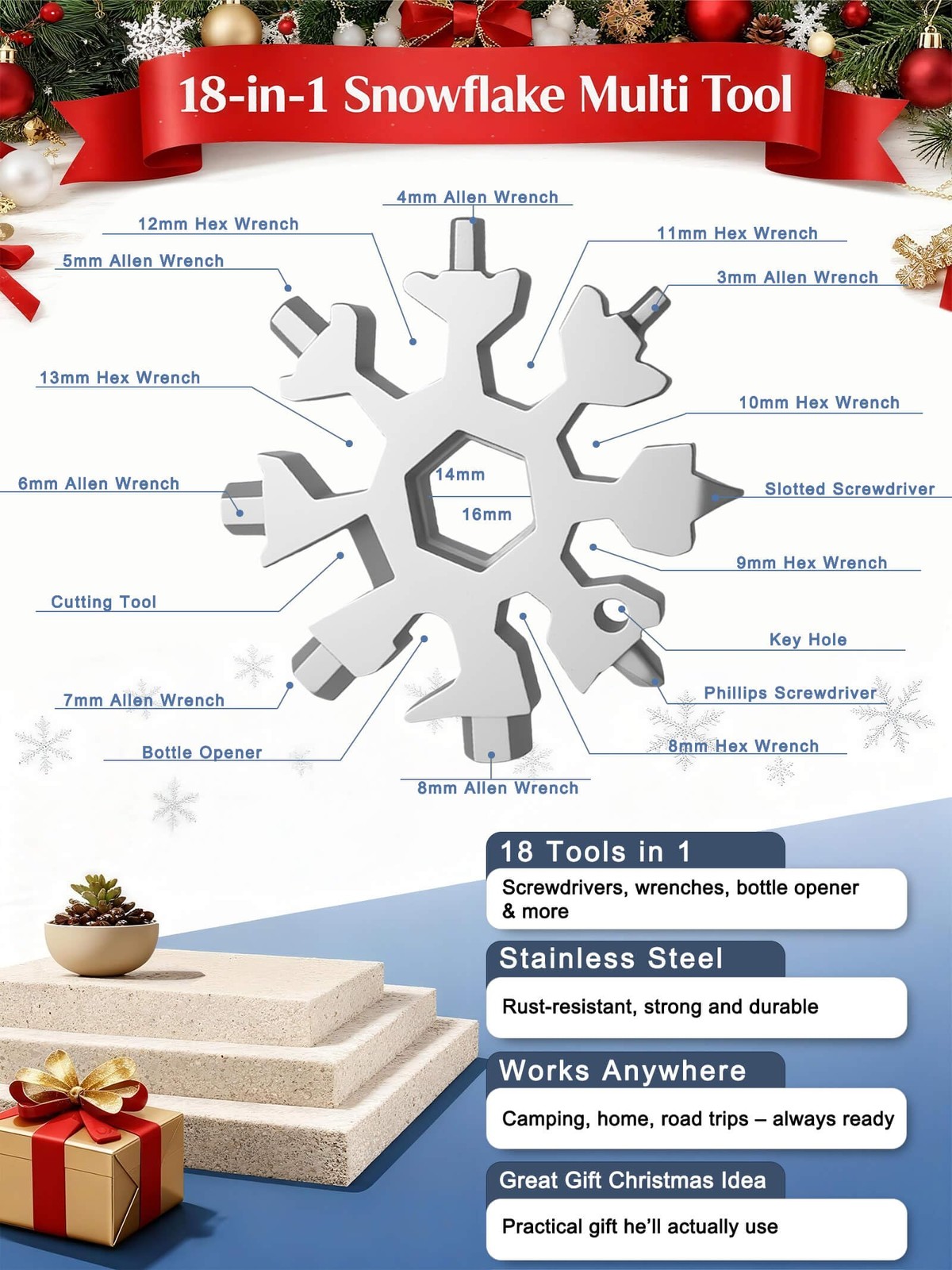 Christmas Gifts for Men 2025 – Stocking Stuffers for Him,18-in-1 Snowflake Mu…