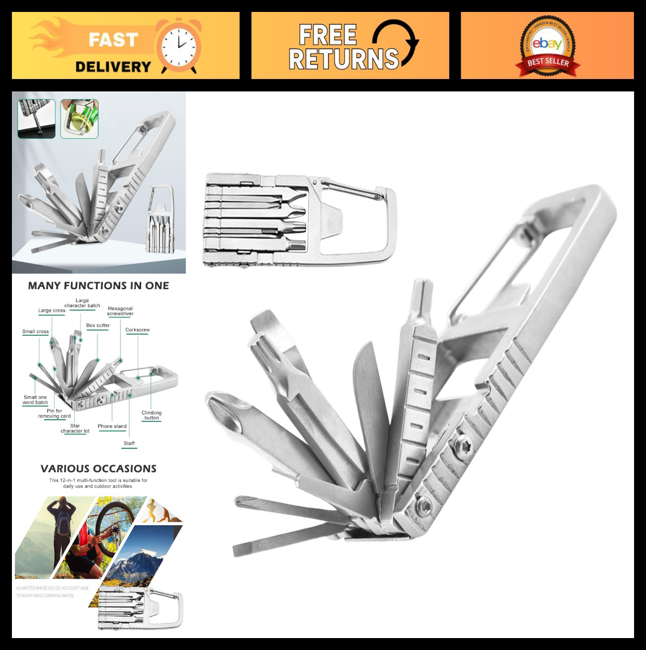 12-in-1 Keychain Multitool with Screwdriver Set, Bottle Opener & Carabiner – EDC