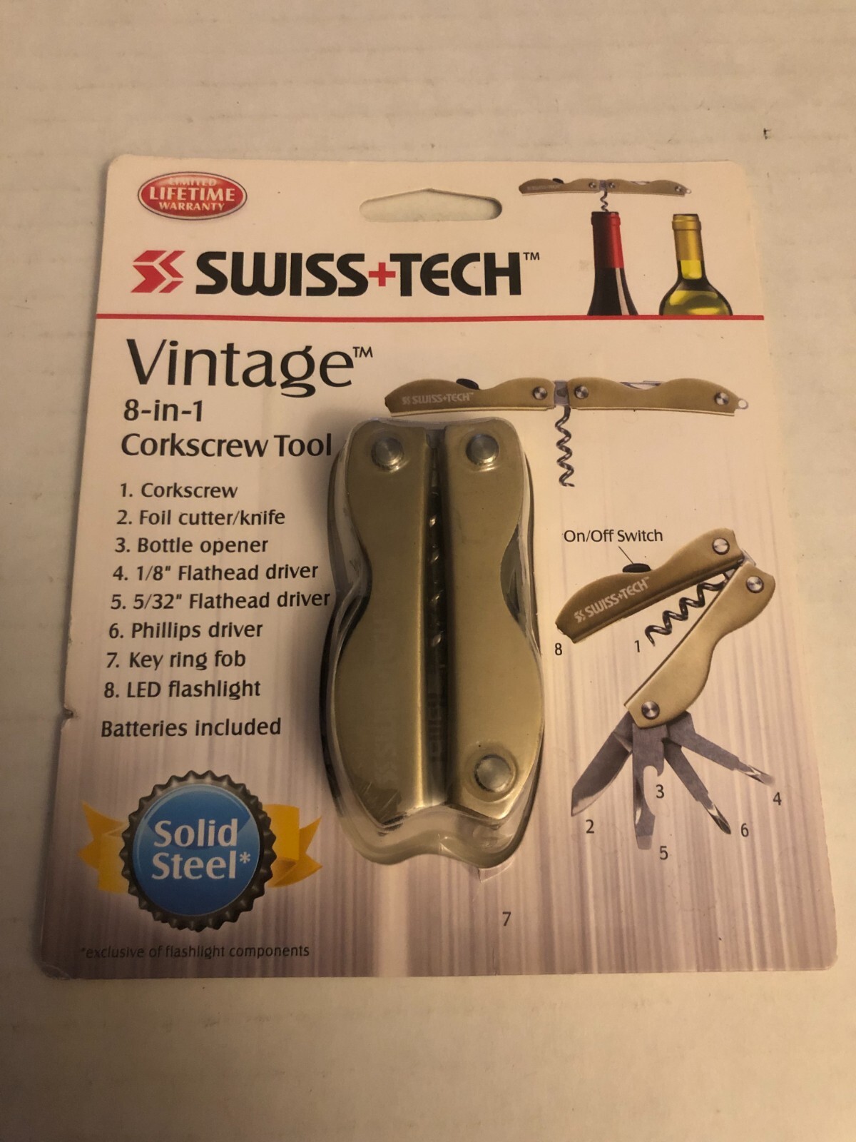 Swiss-Tech Vintage 8-in-1 Multi Tool Corkscrew Phillips Flashlight Knife New
