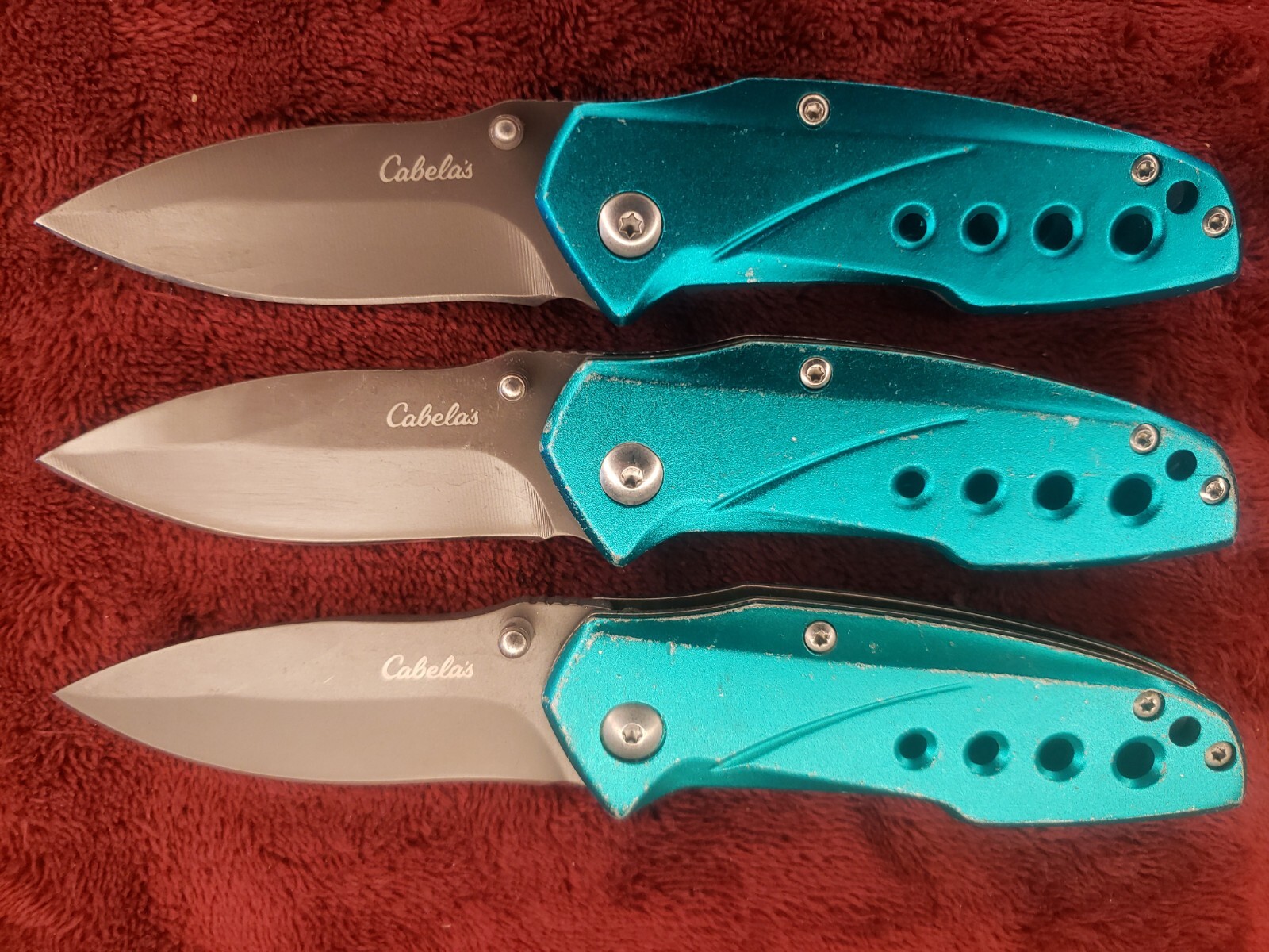 Lot 3 Cabela’s Plain Edge Liner Lock Aluminum Scale Folding Cyan Turquoise color